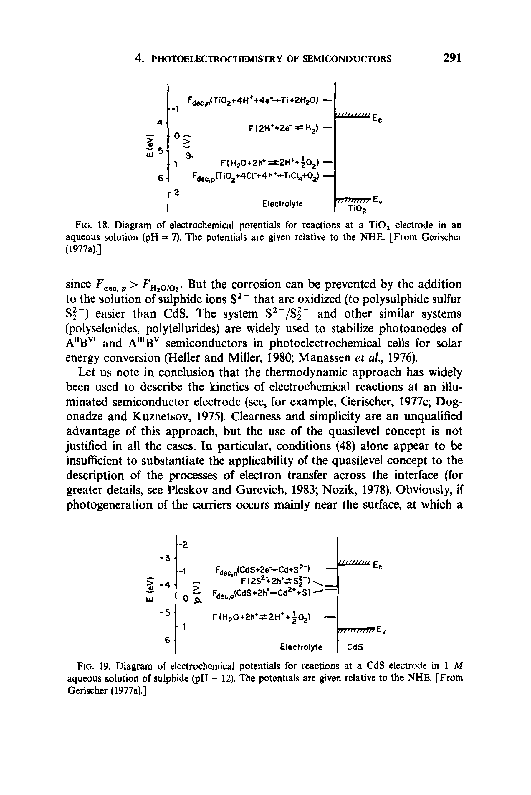 Fig. 18. Diagram of electrochemical potentials for reactions at 2 electrode in an aqueous solution (pH = 7). The potentials are given relative to the NHE. [From Gerischer (1977a).]...