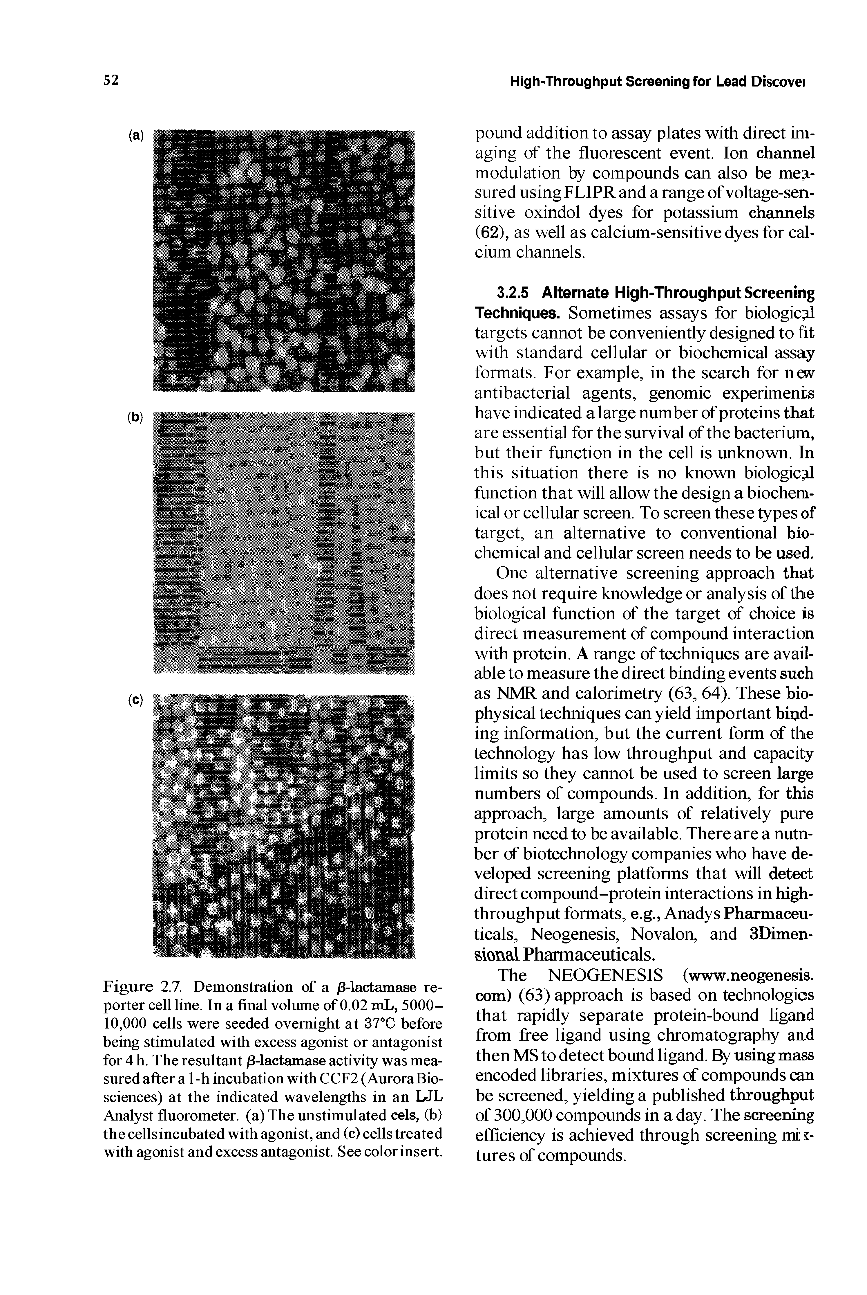 Figure 2.7. Demonstration of a j3-lactamase reporter cell line. In a final volume of 0.02 mL, 5000-10,000 cells were seeded overnight at 37 C before being stimulated with excess agonist or antagonist for 4 h. The resultant /3-lactamase activity was measured after a 1 -h incubation with CCF2 (AuroraBio-sciences) at the indicated wavelengths in an LJL Analyst fluorometer. (a) The unstimulated cels, (b) the cells incubated with agonist, and (c) cells treated with agonist and excess antagonist. See color insert.