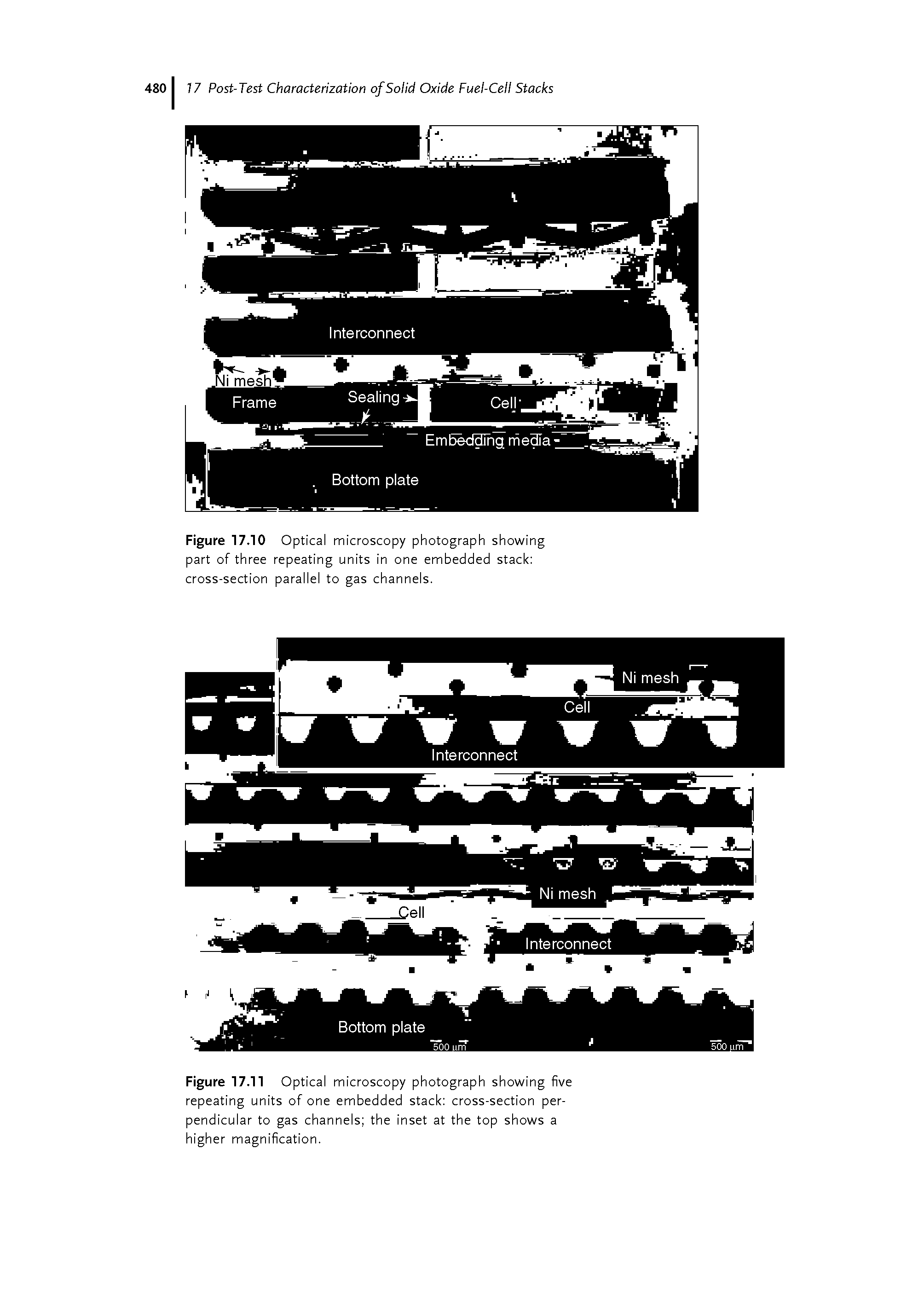 Figure 17.11 Optical microscopy photograph showing five repeating units of one embedded stack cross-section perpendicular to gas channels the inset at the top shows a higher magnification.