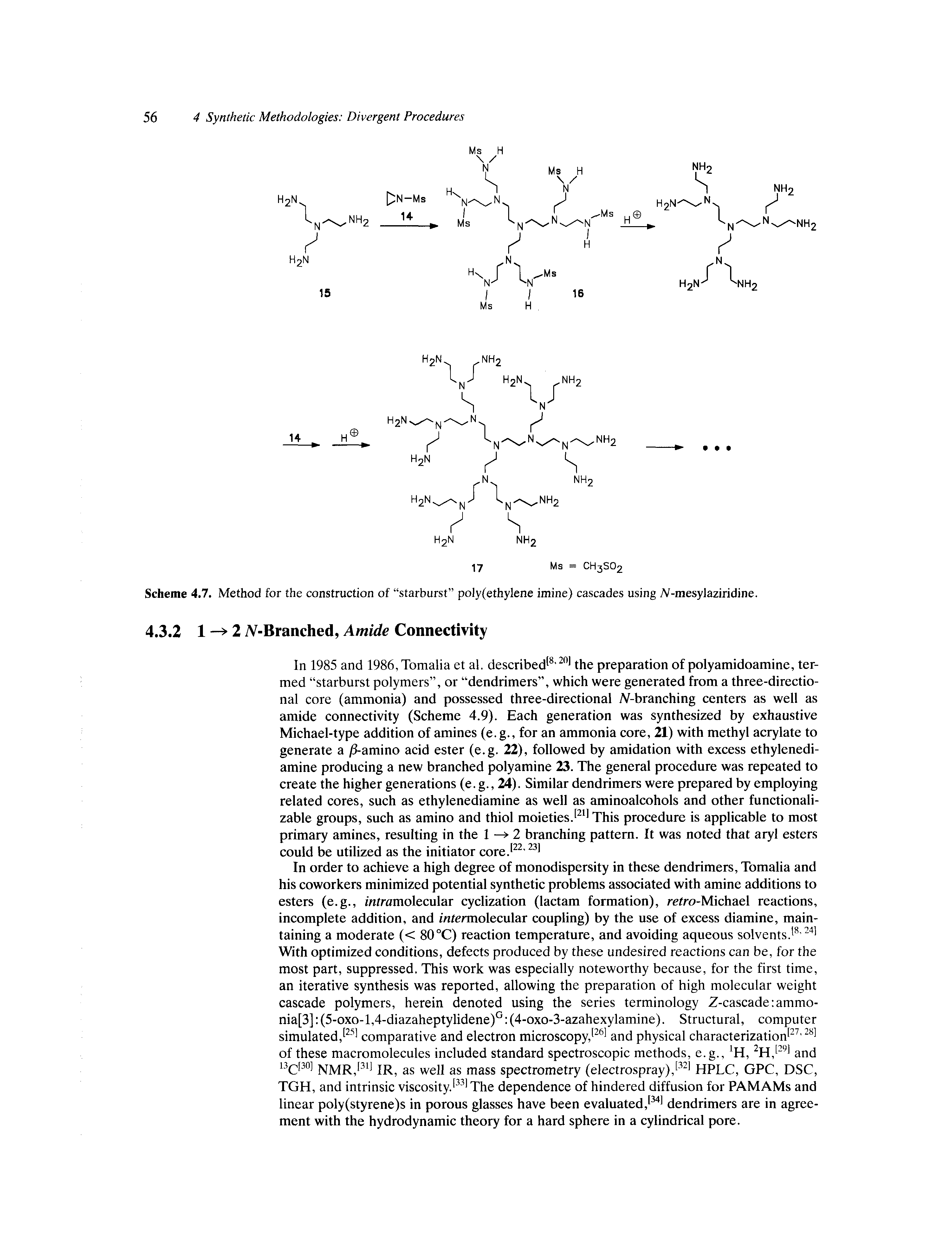 Scheme 4.7. Method for the construction of starburst poly(ethylene imine) cascades using N-mesylaziridine.