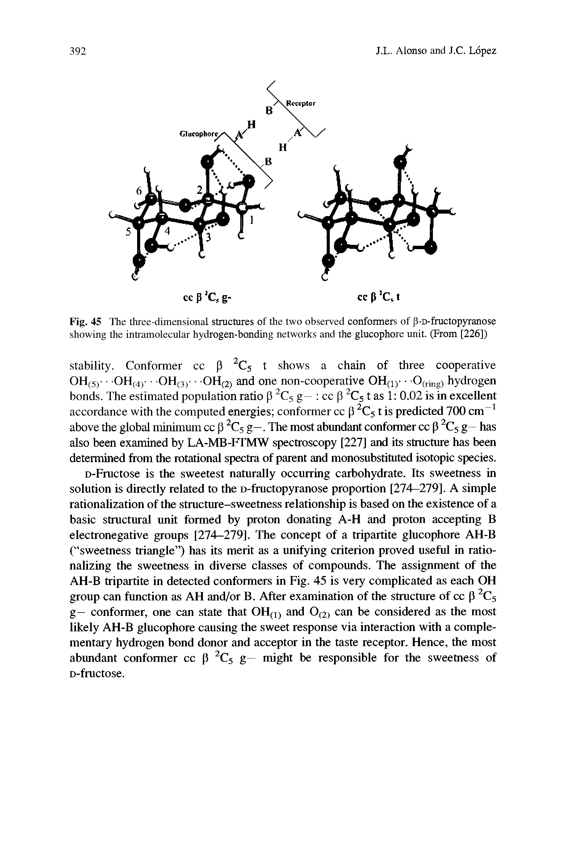 Fig. 45 The three-dimensional structures of the two observed coirformers of p-D-fructopyranose showing the intramolecular hydrogen-bonding networks and the glucophore unit. (From [226])...