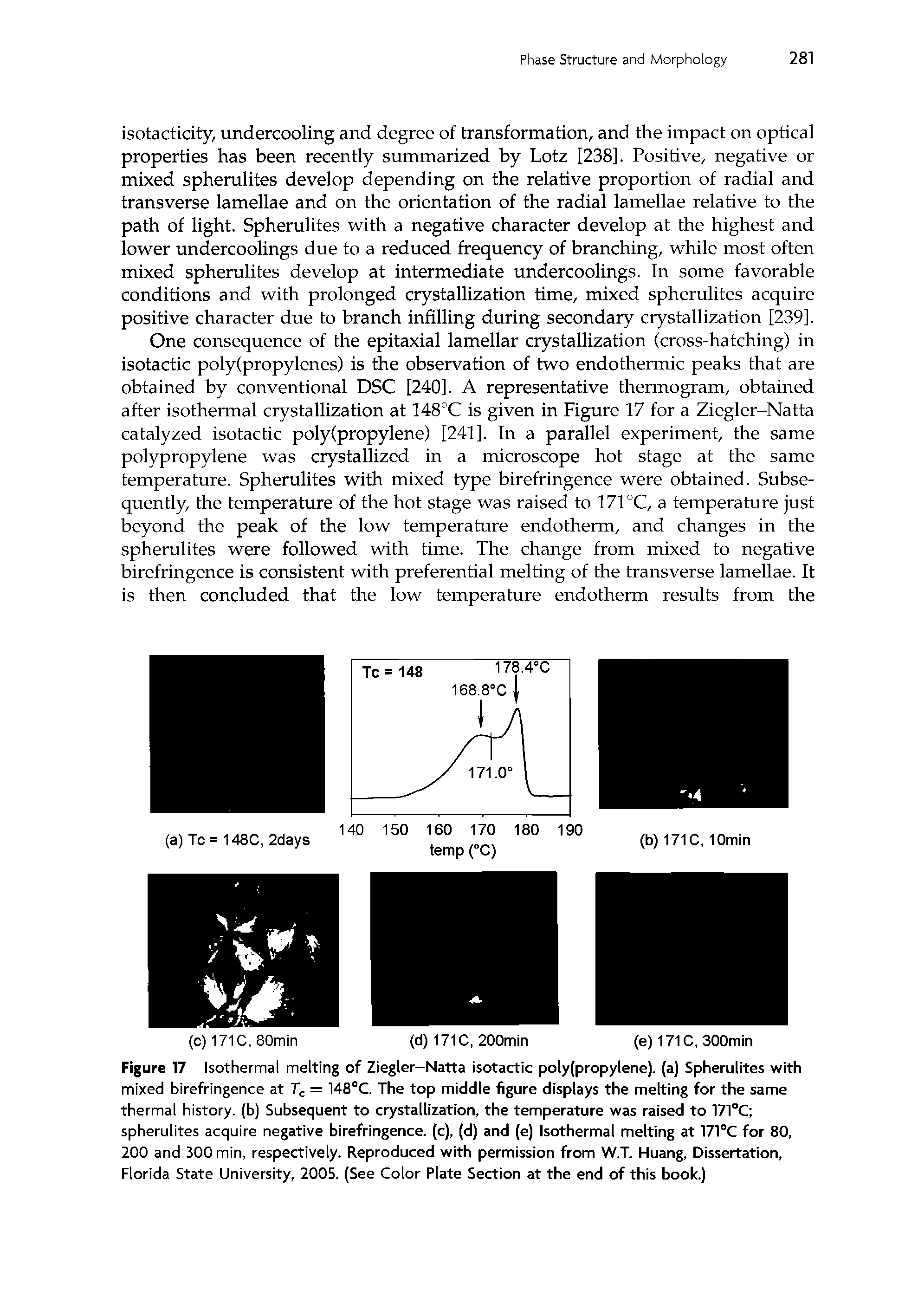 Figure 17 Isothermal melting of Ziegler-Natta isotactic poly(propylene). (a) Spherulites with mixed birefringence at Tc = 148°C. The top middle figure displays the melting for the same thermal history, (b) Subsequent to crystallization, the temperature was raised to 171°C spherulites acquire negative birefringence, (c), (d) and (e) Isothermal melting at 171°C for 80, 200 and 300 min, respectively. Reproduced with permission from W.T. Huang, Dissertation, Florida State University, 2005. (See Color Plate Section at the end of this book.)...