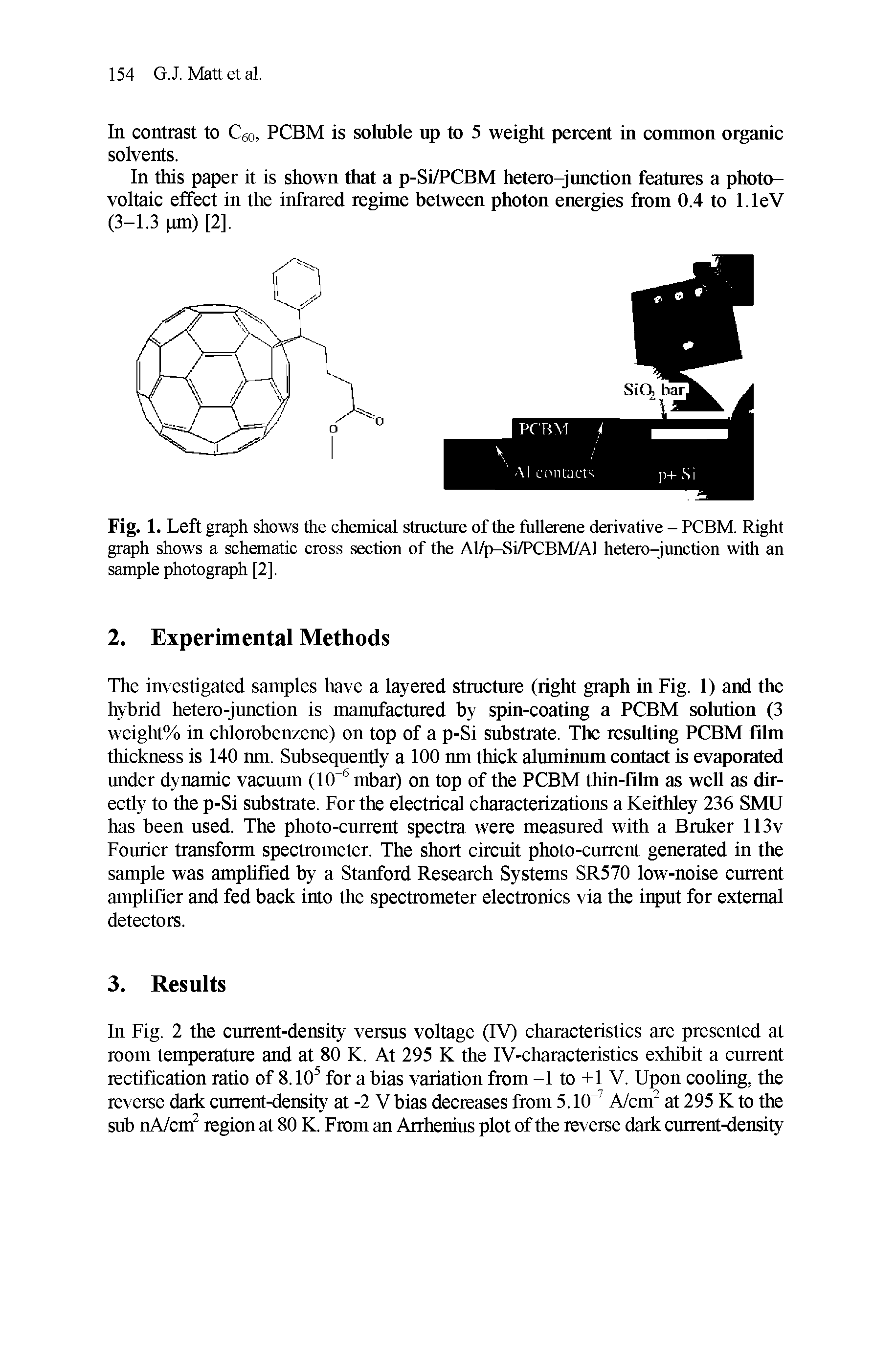 Fig. 1. Left graph shows the chemical structure of the fullerene derivative - PCBM. Right graph shows a schematic cross section of the Al/p-Si/PCBM/Al hetero-junction with an sample photograph [2],...