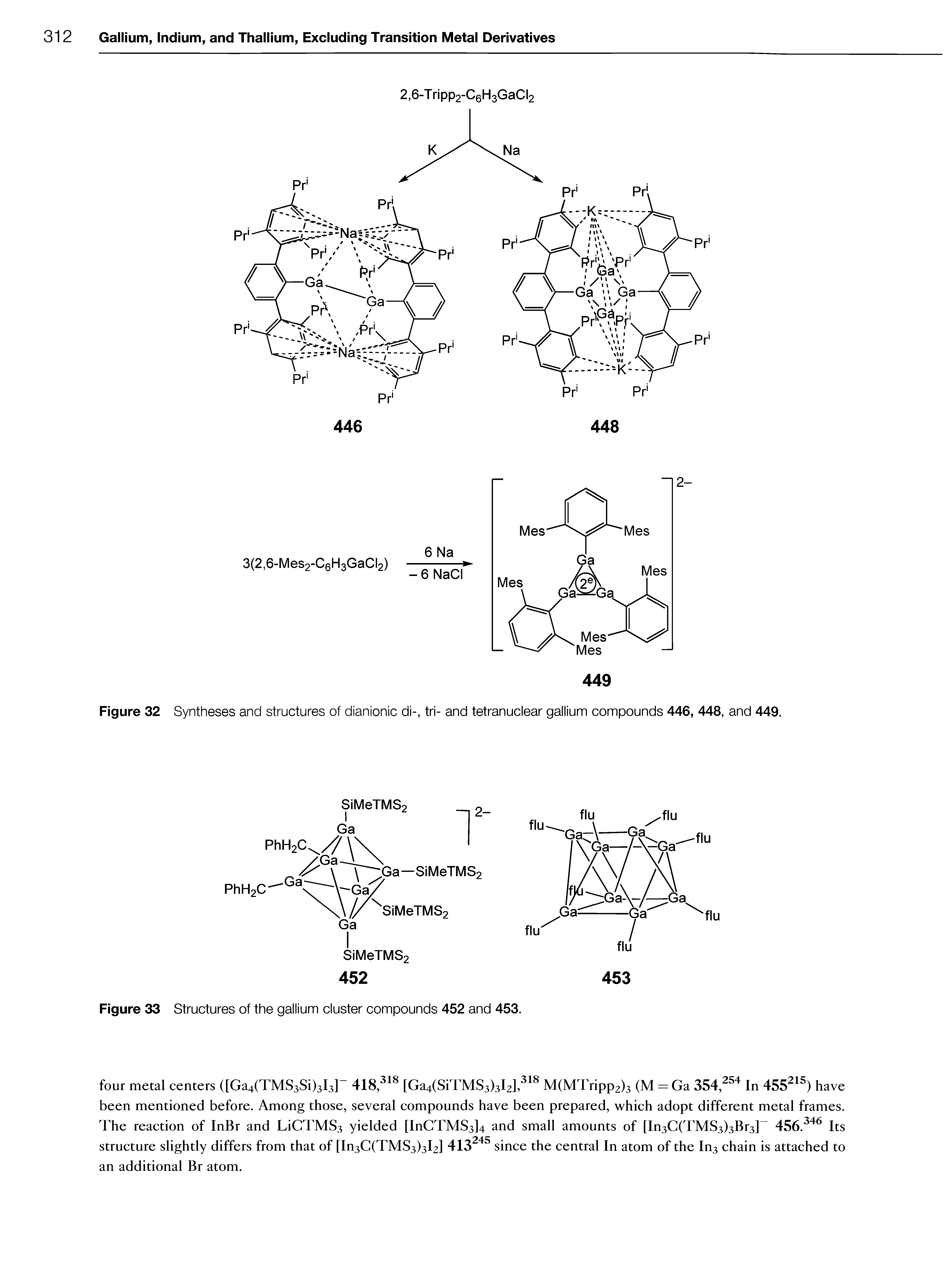 Figure 32 Syntheses and structures of dianionic di-, tri- and tetranuclear gallium compounds 446, 448, and 449.