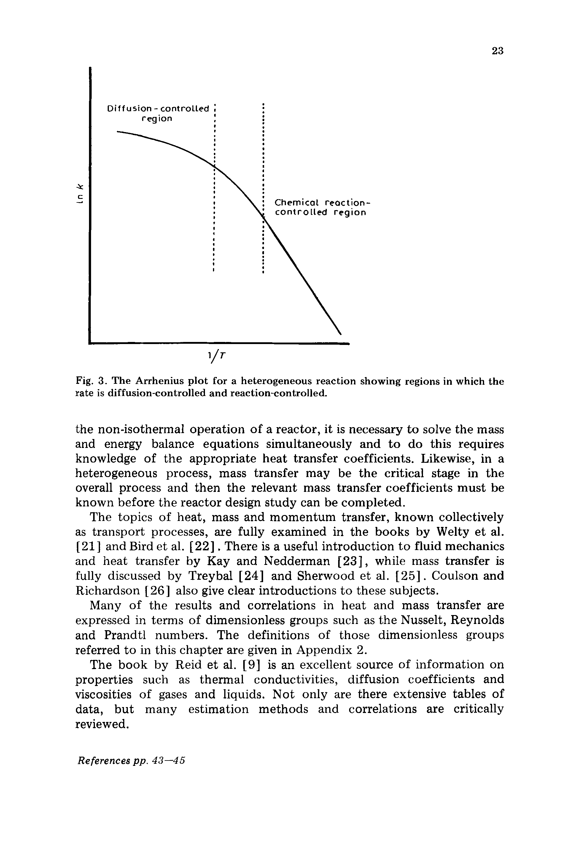 Fig. 3. The Arrhenius plot for a heterogeneous reaction showing regions in which the rate is diffusion-controlled and reaction-controlled.