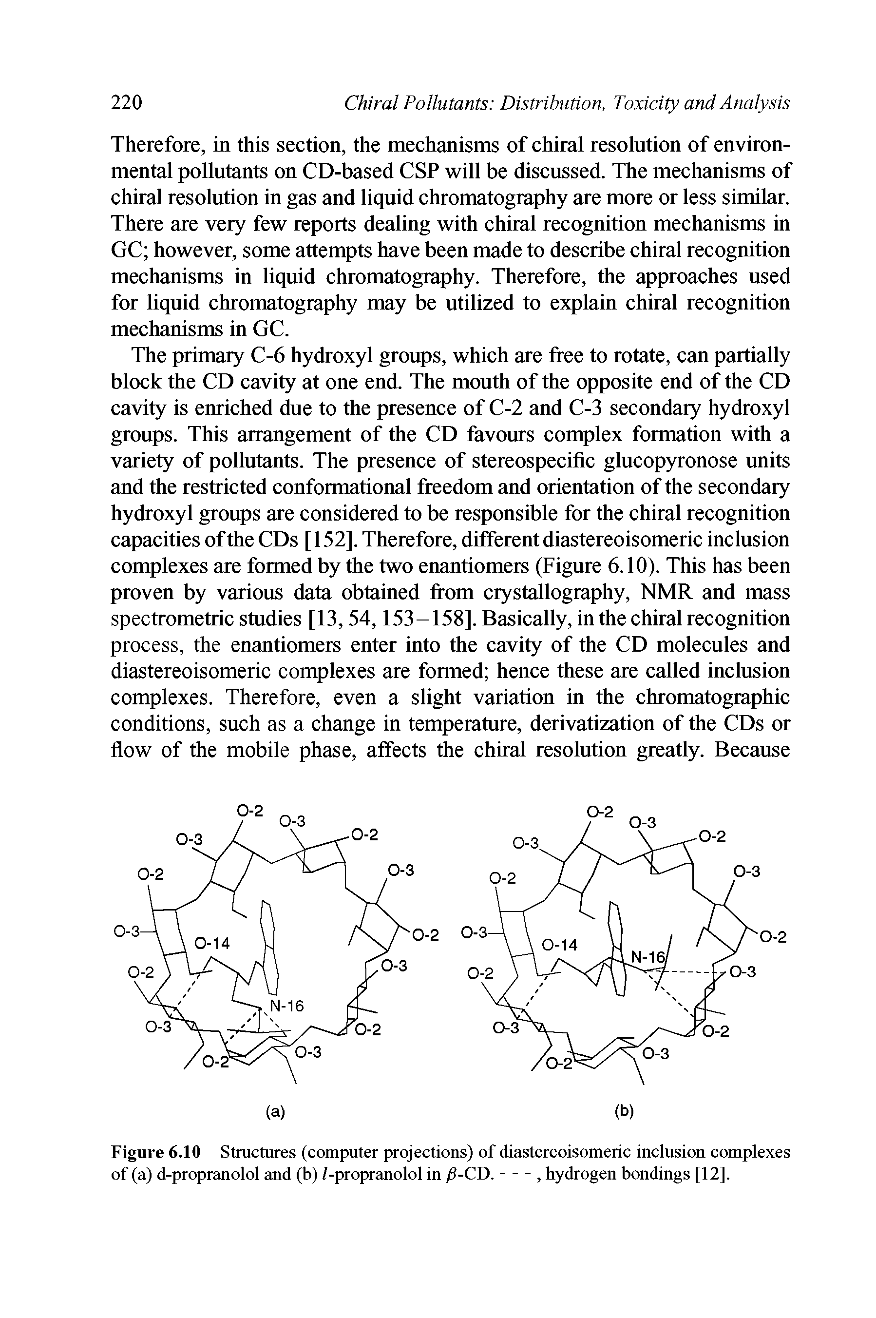 Figure 6.10 Structures (computer projections) of diastereoisomeric inclusion complexes of (a) d-propranolol and (b) /-propranolol in fi-CD.--, hydrogen bondings [12],...