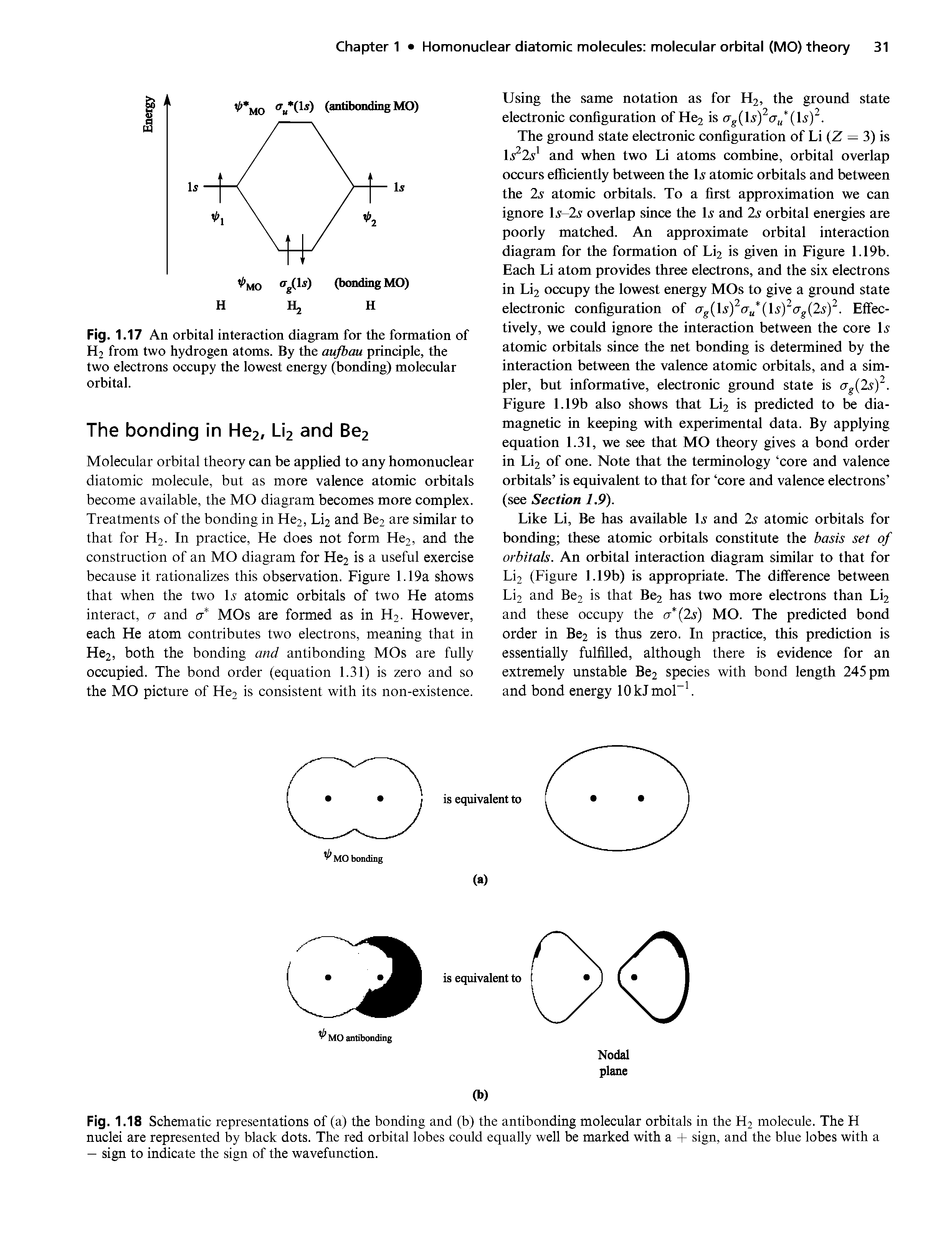 Fig. 1.17 An orbital interaction diagram for the formation of H2 from two hydrogen atoms. By the aufbau principle, the two electrons occupy the lowest energy (bonding) molecular orbital.