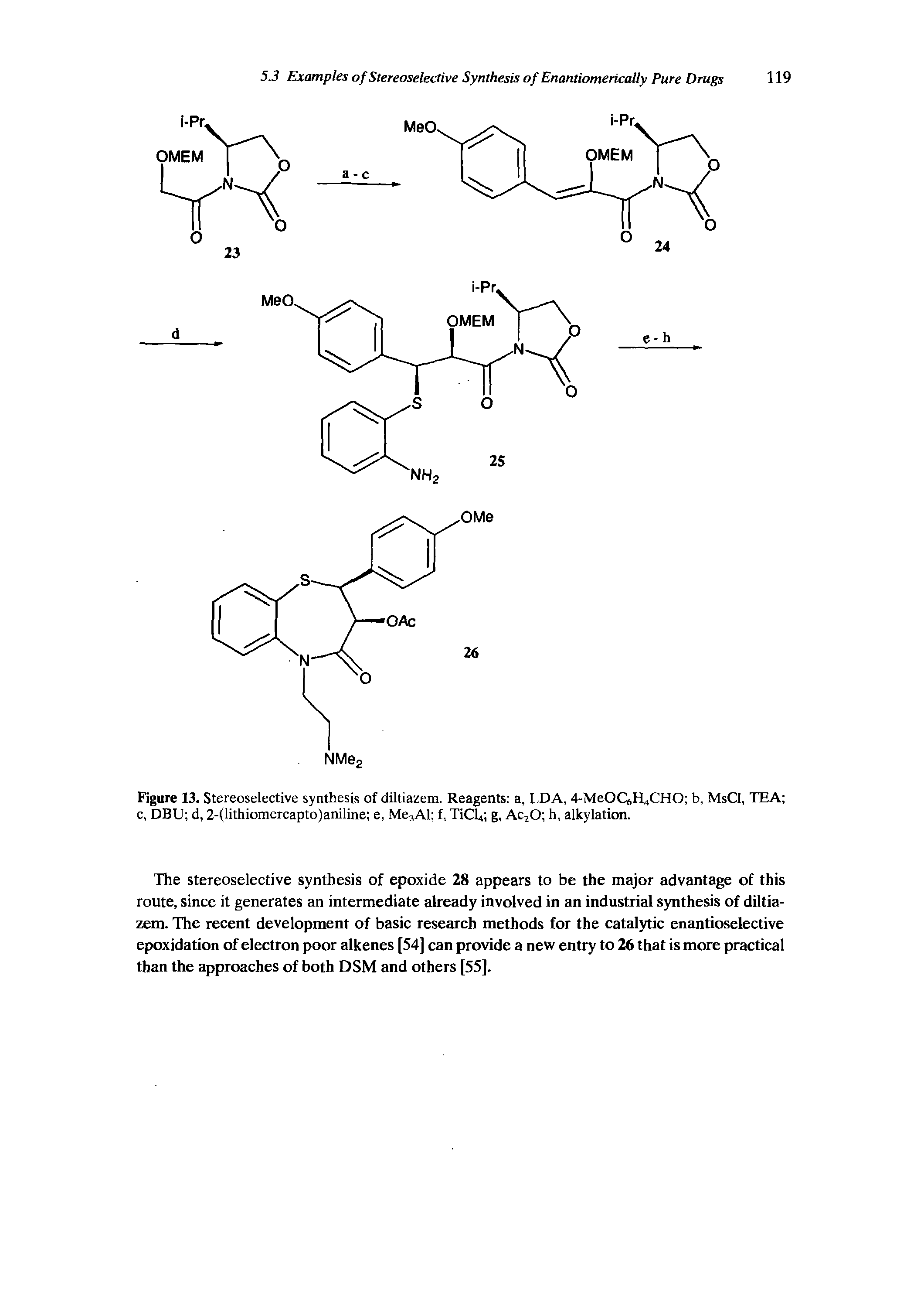 Figure 13. Stereoselective synthesis of diltiazem. Reagents a, LDA, 4-MeOQiH4CHO b, MsCI, TEA c, DBU d, 2-(lithiomercapto)aniline e, Me3Al f, TiCl4 g, Ac20 h, alkylation.
