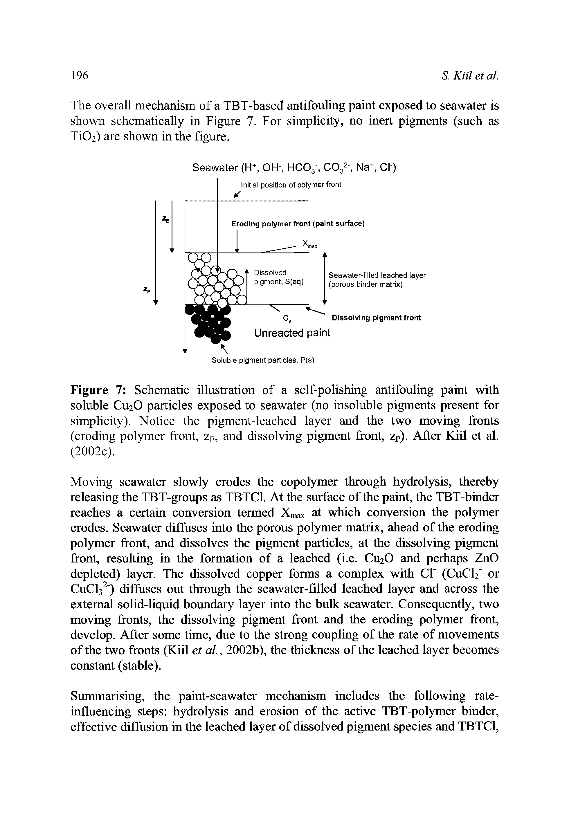 Figure 7 Schematic illustration of a self-polishing antifouling paint with soluble CU2O particles exposed to seawater (no insoluble pigments present for simplicity). Notice the pigment-leached layer and the two moving fronts (eroding polymer front, zE, and dissolving pigment front, zP). After Kiil et al. (2002c).