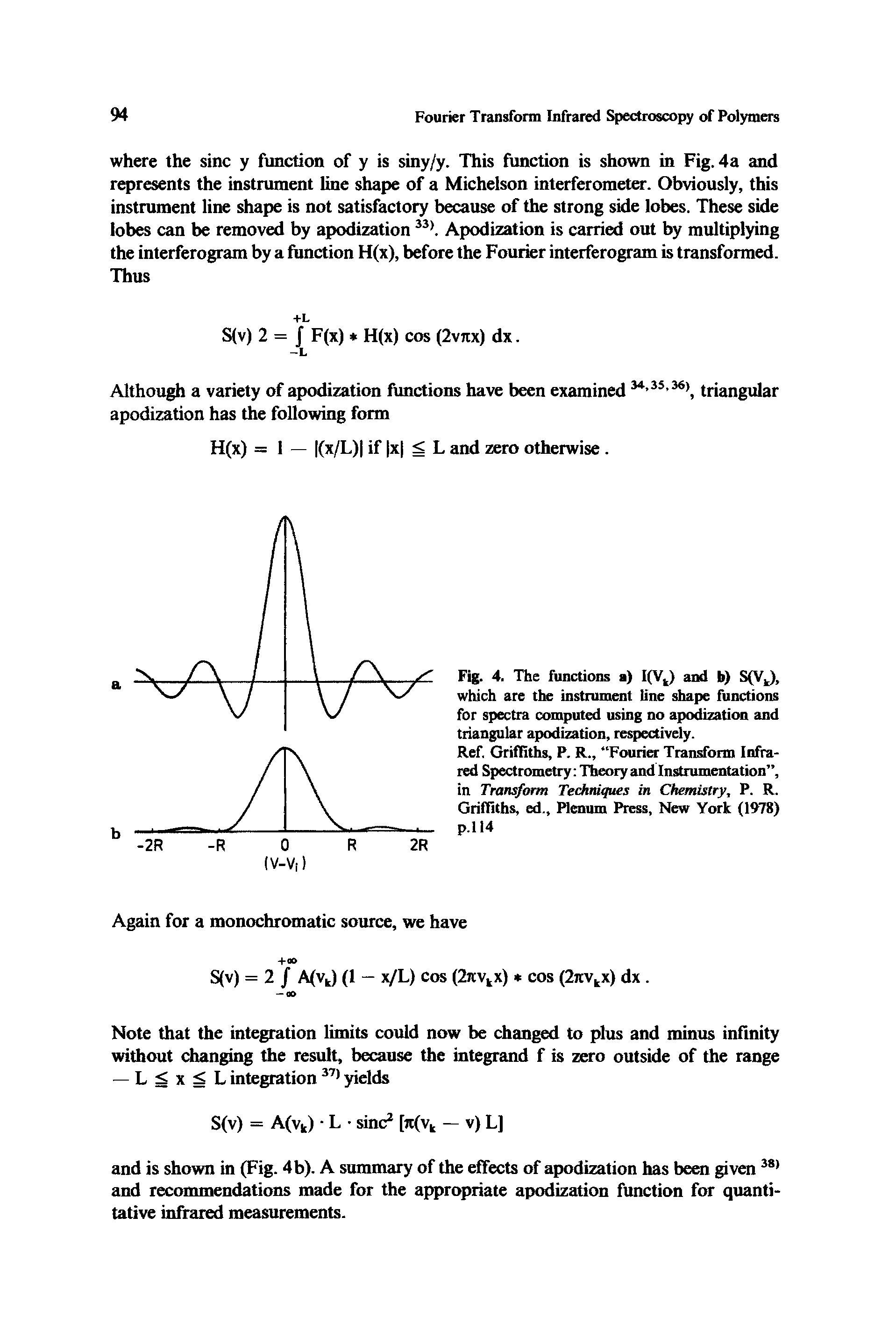 Fig. 4. The functions a) I(Vt) and b) S(Vk), which are the instrument line shape functions for spectra computed using no apodization and triangular apodization, respectively.