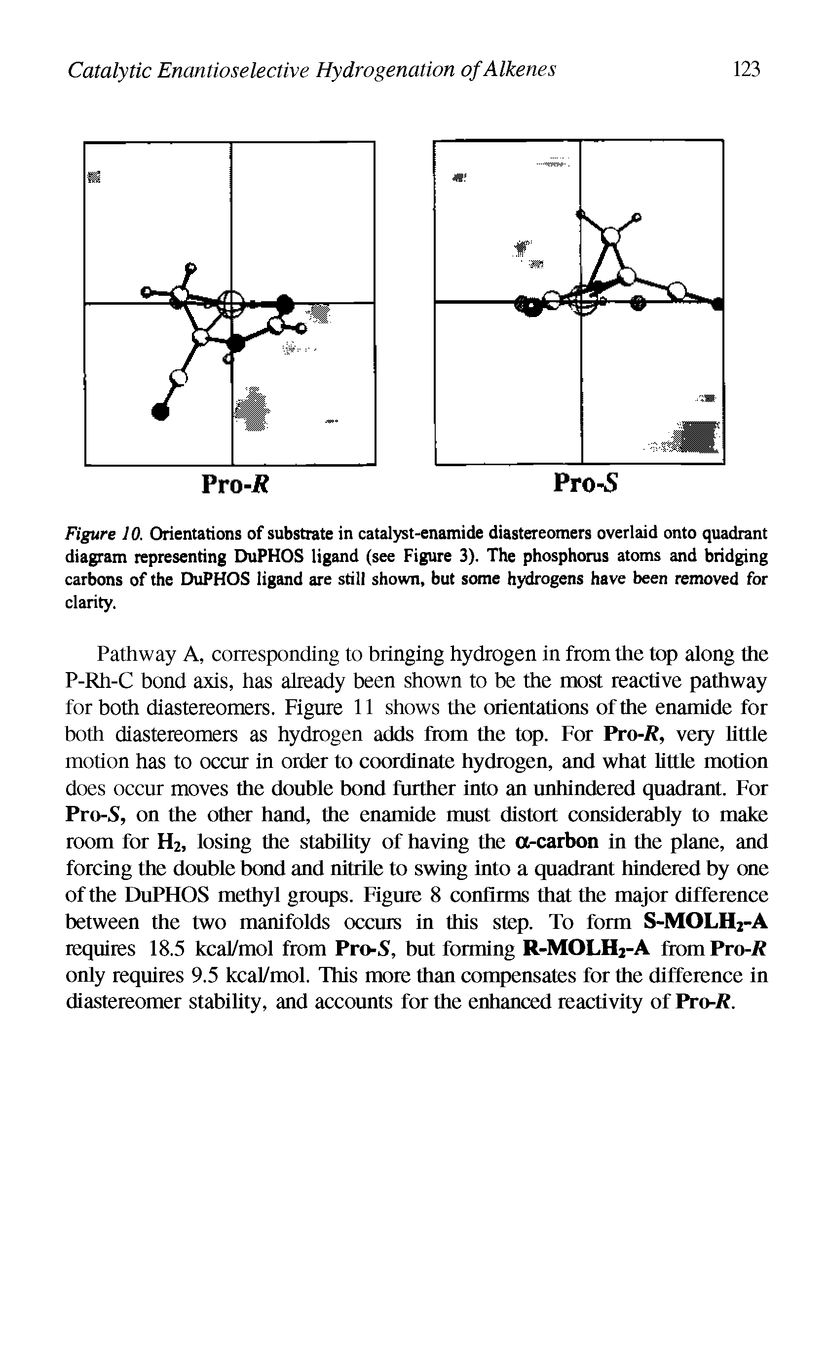 Figure 10. Orientations of substrate in catalyst-enamide diastereomers overlaid onto quadrant diagram representing DuPHOS ligand (see Figure 3). The phosphorus atoms and bridging carbons of the DuPHOS ligand are still shown, but some hydrogens have been removed for clarity.