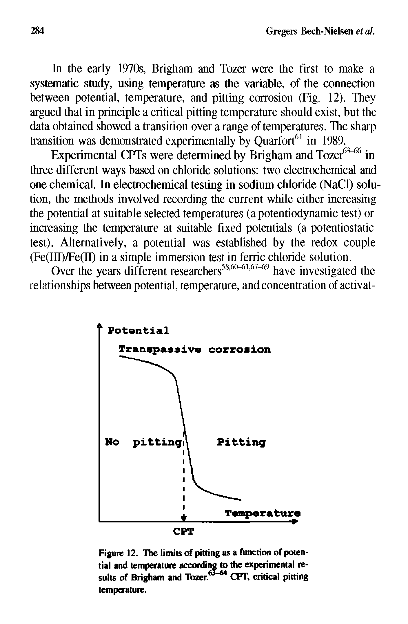 Figure 12. The limits of pitting as a function of potential and temperature according to the experimental results of Brigham and Tozer. CPT, critical pitting temperature.