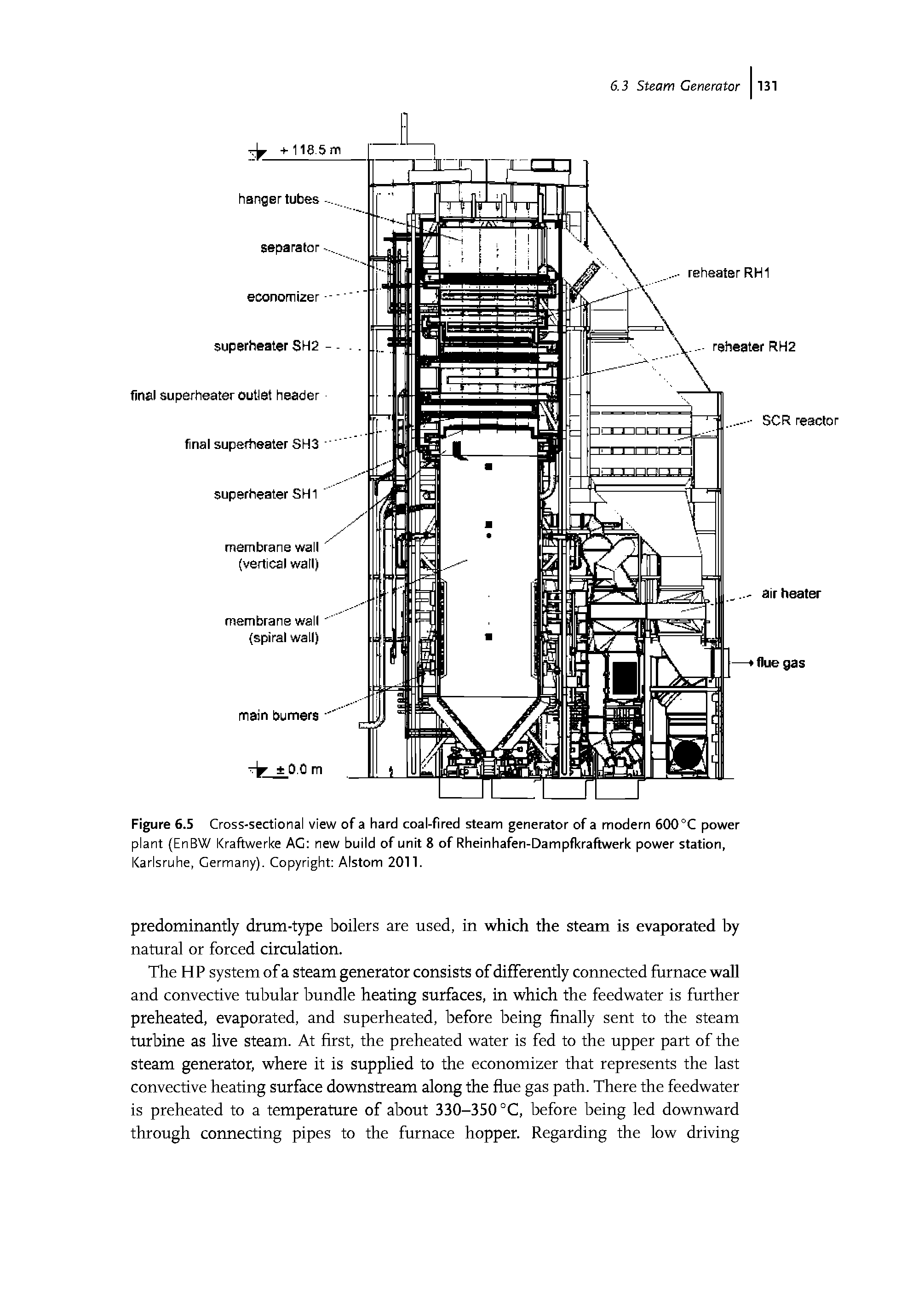 Figure 6.5 Cross-sectional view of a hard coal-fired steam generator of a modern 600 °C power plant (EnBW Kraftwerke AC new build of unit 8 of Rheinhafen-Dampfkraftwerk power station,...