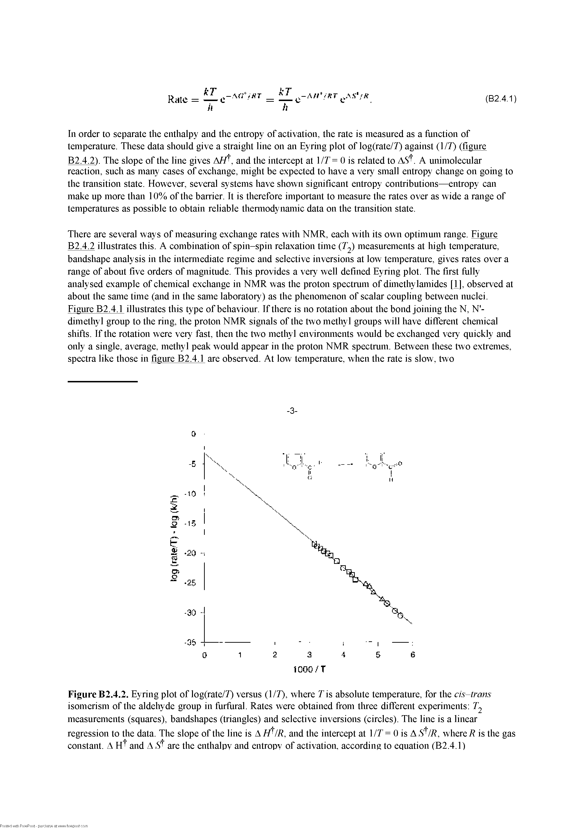 Figure B2.4.1 illustrates this type of behaviour. If there is no rotation about the bond joining the N, N -dimethyl group to the ring, the proton NMR signals of the two methyl groups will have different chemical shifts. If the rotation were very fast, then the two methyl enviromnents would be exchanged very quickly and only a single, average, methyl peak would appear in the proton NMR spectrum. Between these two extremes, spectra like those in figure B2.4.1 are observed. At low temperature, when the rate is slow, two...