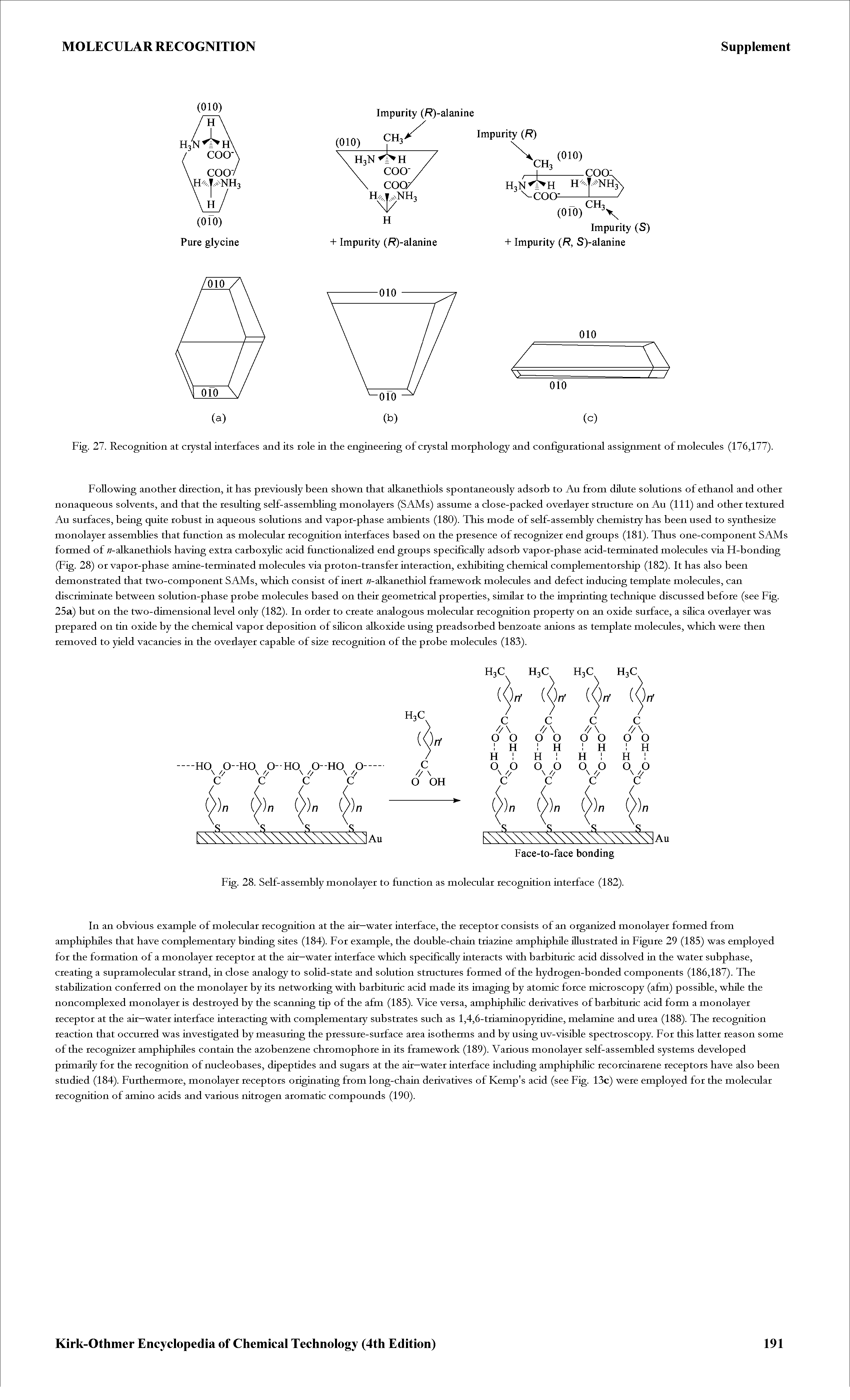 Fig. 27. Recognition at crystal interfaces and its role in the engineering of crystal morphology and configurational assignment of molecules (176,177).