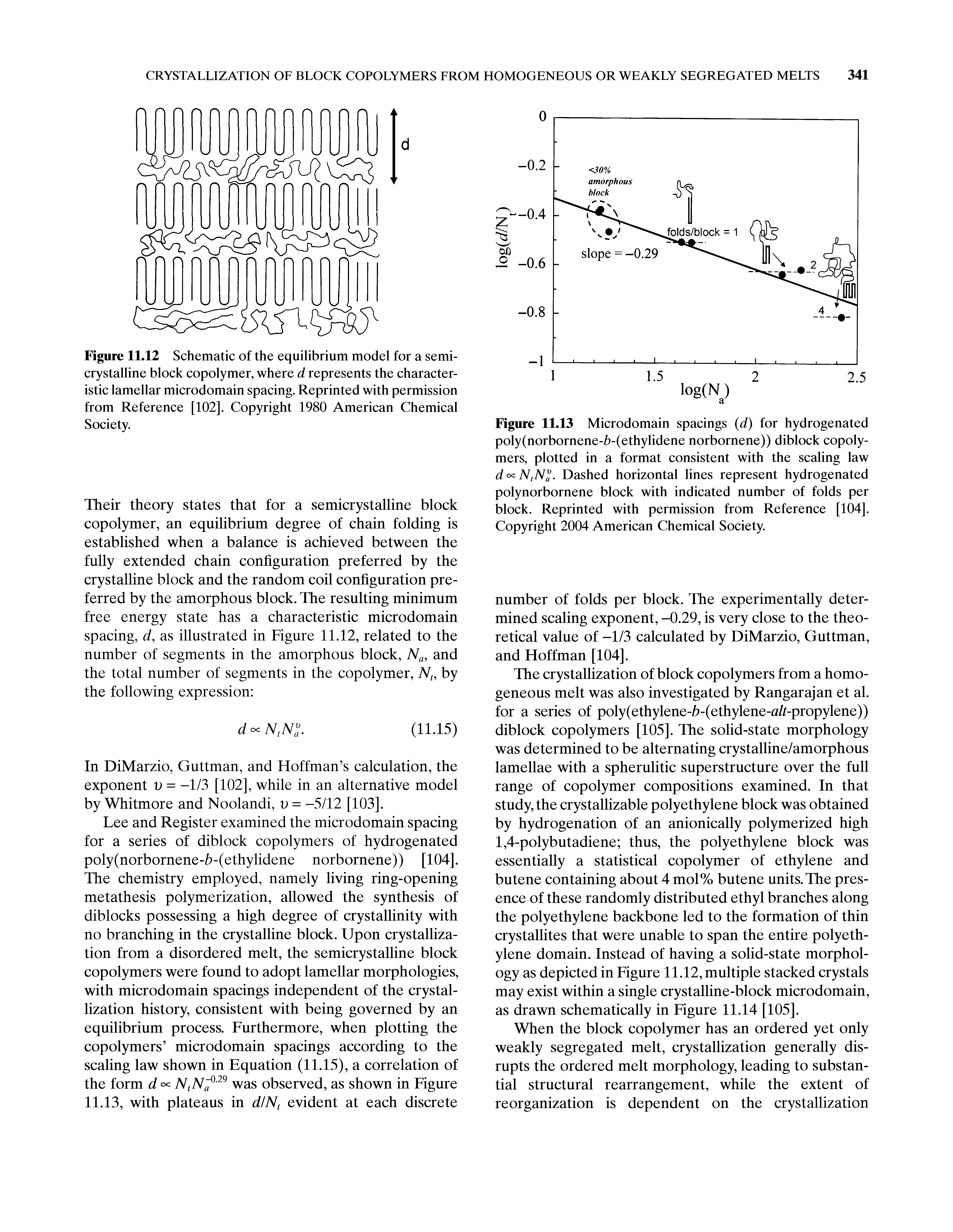 Figure 11.12 Schematic of the equilibrium model for a semicrystalline block copolymer, where d represents the characteristic lamellar microdomain spacing. Reprinted with permission from Reference [102]. Copyright 1980 American Chemical Society.