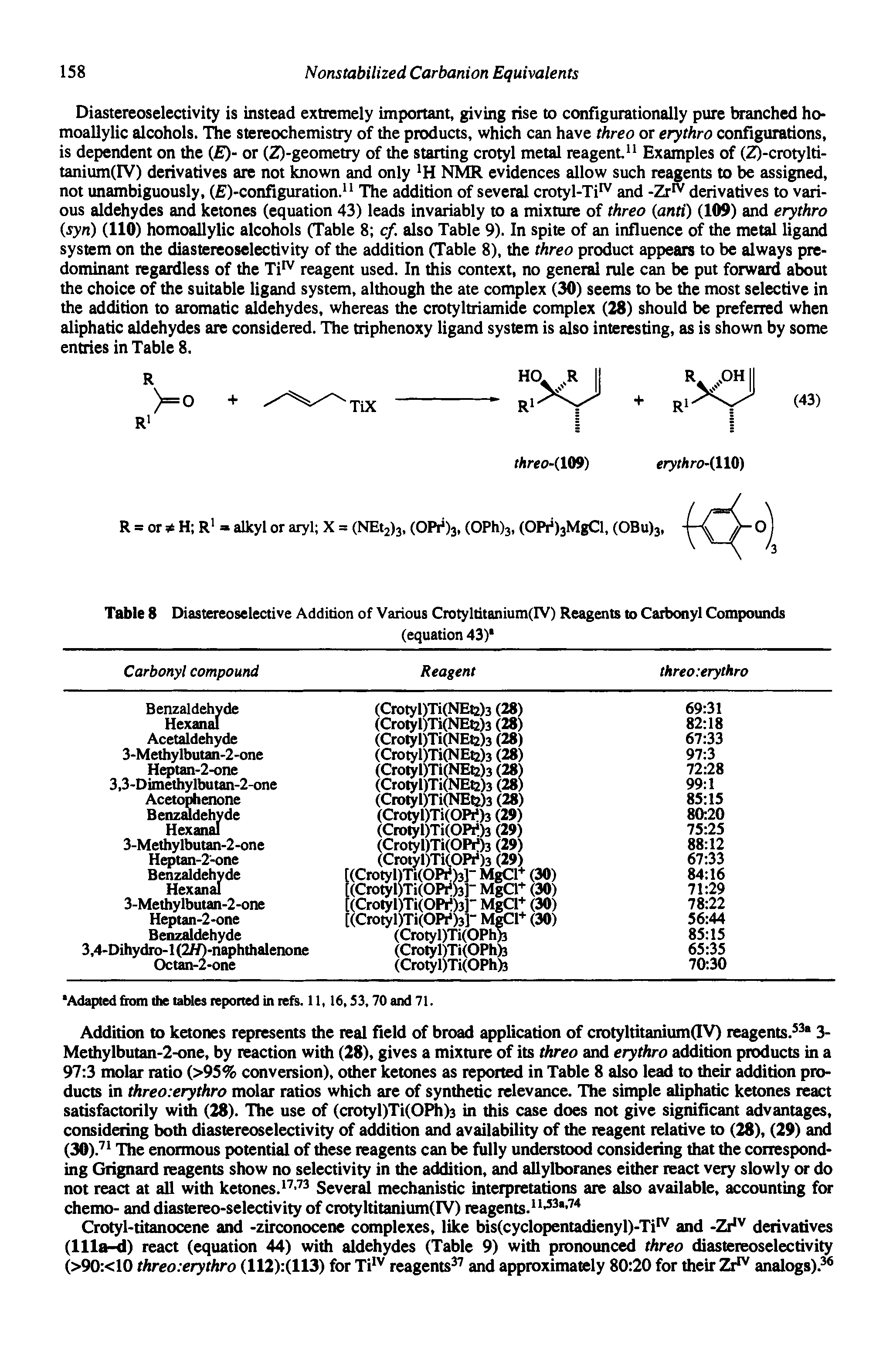 Table 8 Diastereoselective Addition of Various Crotyltitanium(IV) Reagents to Carbonyl Compounds...