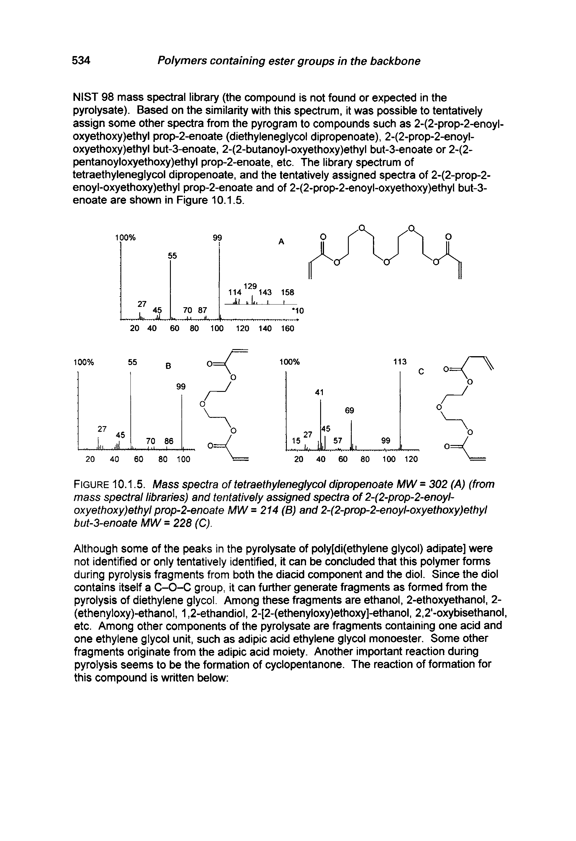 Figure 10.1.5. Mass spectra of tetraethyleneglycol dipropenoate MW = 302 (A) (from mass spectral libraries) and tentatively assigned spectra of 2-(2-prop-2-enoyl-oxyethoxy)ethyl prop-2-enoate MW =214 (B) and 2-(2-prop-2-enoyl-oxyethoxy)ethyl but-3-enoate MW = 228 (C).