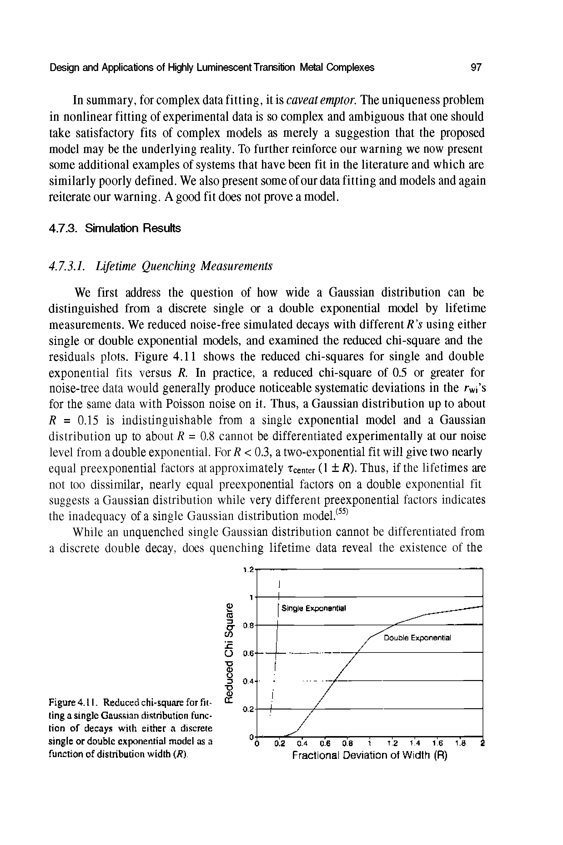 Figure 4.11. Reduced chi-square for fitting a single Gaussian distribution function of decays with either a discrete single or double exponential model as a function of dis tribud on width (/f)...