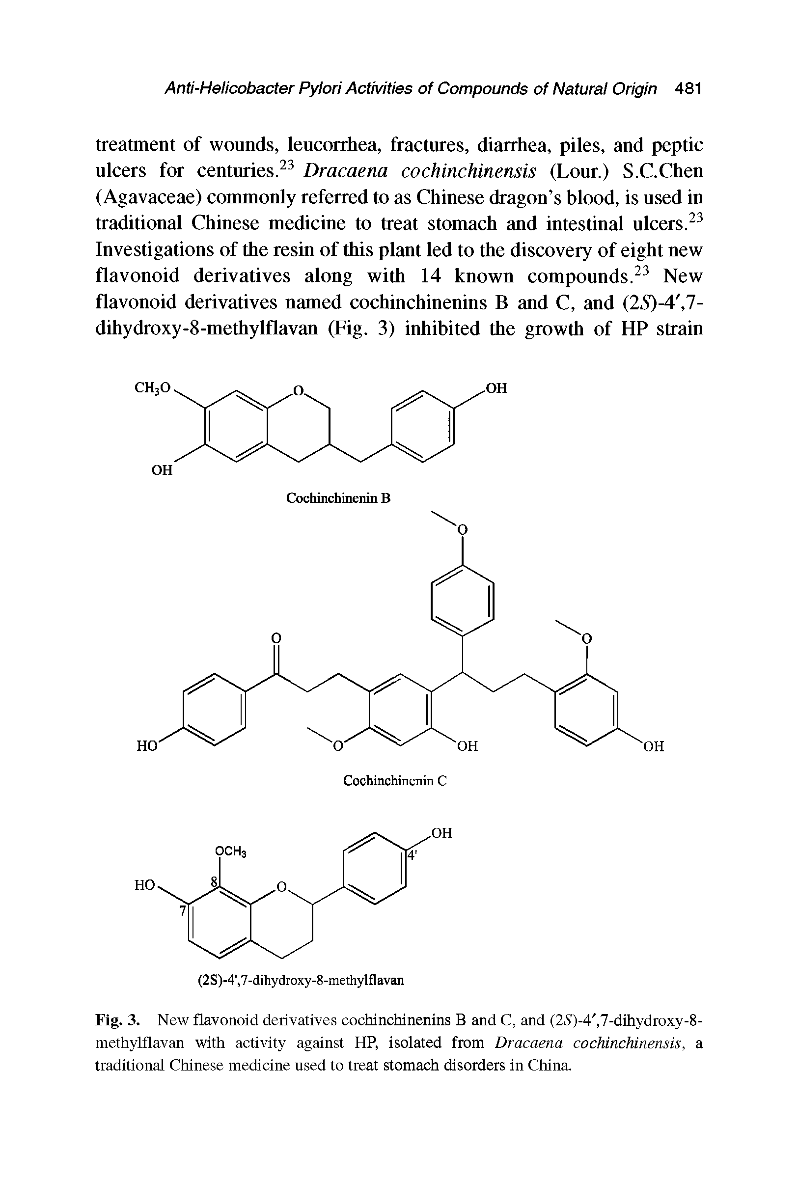 Fig. 3. New flavonoid derivatives cochinchinenins B and C, and (25)-4, 7-dihydroxy-8-methylflavan with activity against HP, isolated from Dracaena cochinchinensis, a traditional Chinese medicine used to treat stomach disorders in China.