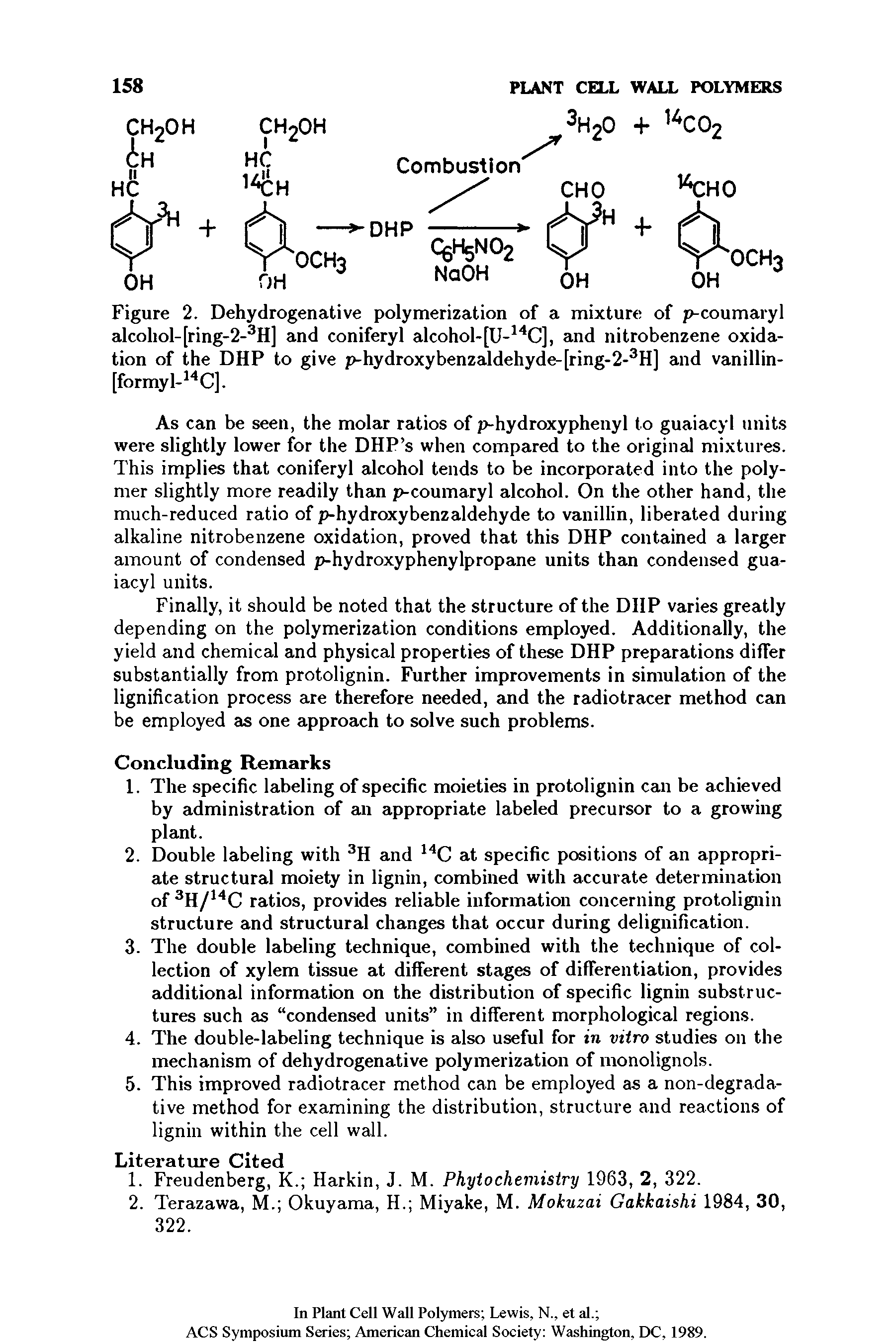 Figure 2. Dehydrogenative polymerization of a mixture of p-coumaryl alcohol-[ring-2-3H] and coniferyl alcohol-[U-14C], and nitrobenzene oxidation of the DHP to give p-hydroxybenzaldehyde-[ring-2-3H] and vanillin-[formyl-14C].