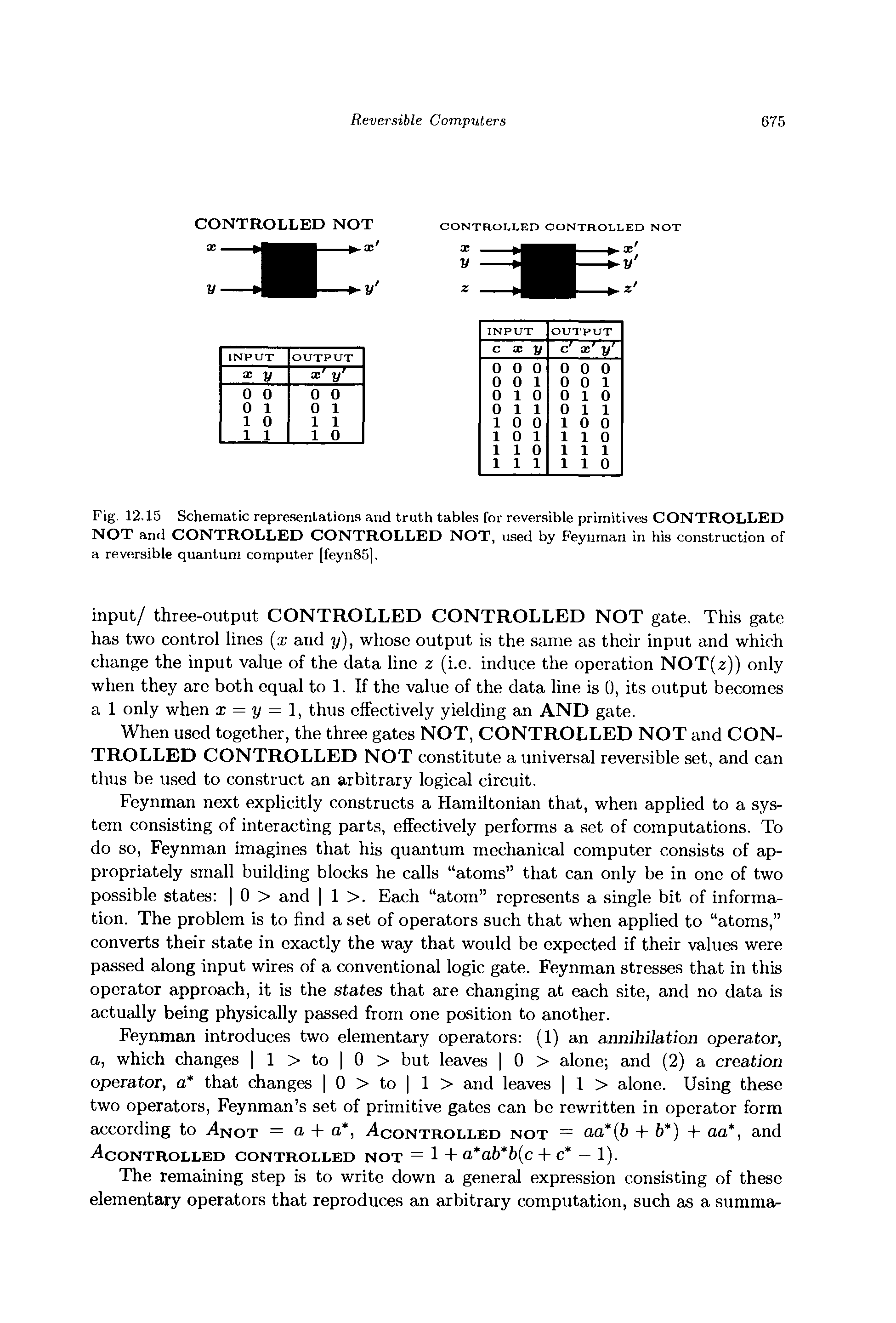 Fig. 12.15 Schematic representations and truth tables for reversible primitives CONTROLLED NOT and CONTROLLED CONTROLLED NOT, used by Feynman in his construction of a reversible quantum computer [feyii85. ...