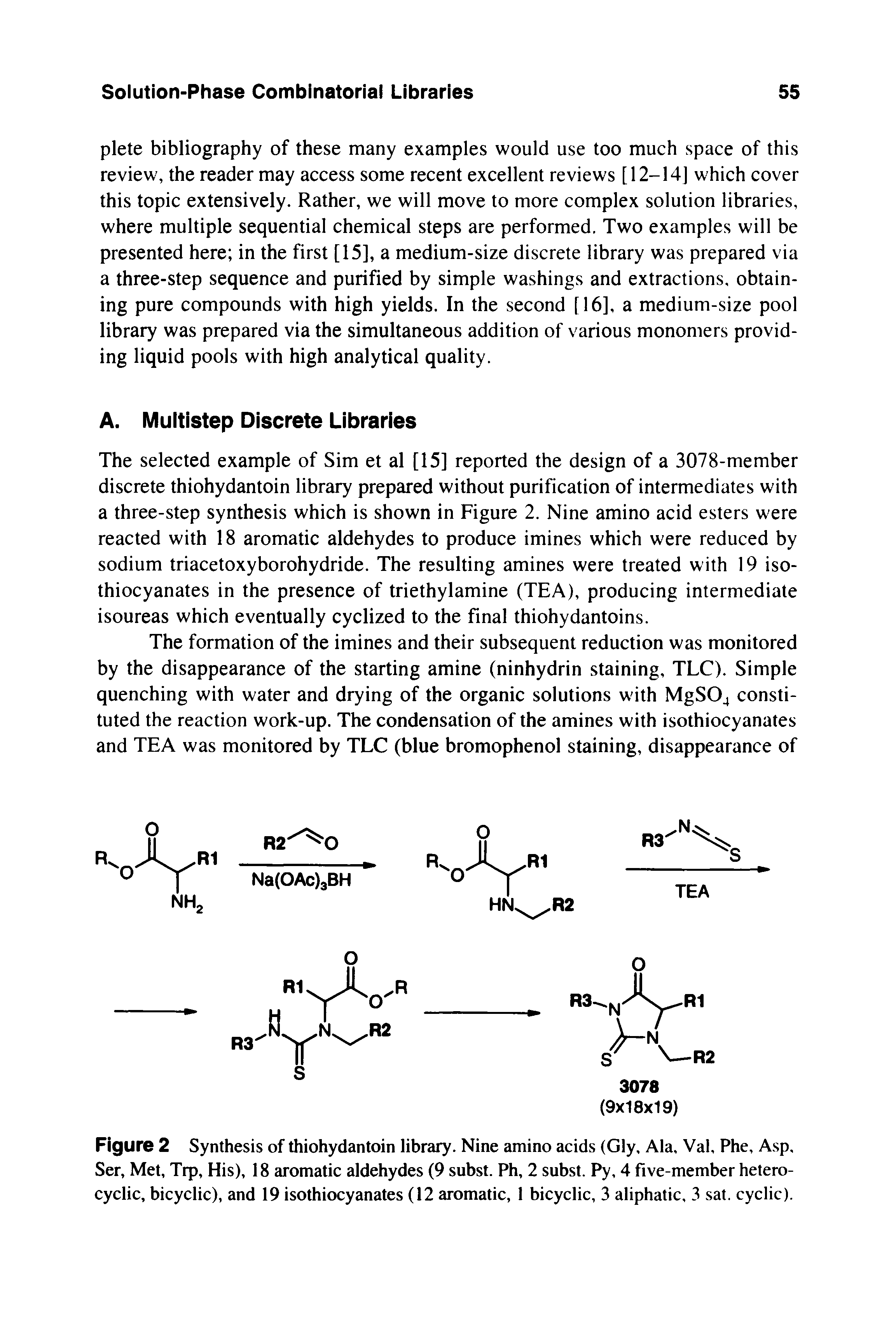 Figure 2 Synthesis of thiohydantoin library. Nine amino acids (Gly, Ala, Val, Phe, Asp, Ser, Met, Trp, His), 18 aromatic aldehydes (9 subst. Ph, 2 subst. Py, 4 five-member heterocyclic, bicyclic), and 19 isothiocyanates (12 aromatic, 1 bicyclic, 3 aliphatic, 3 sat. cyclic).