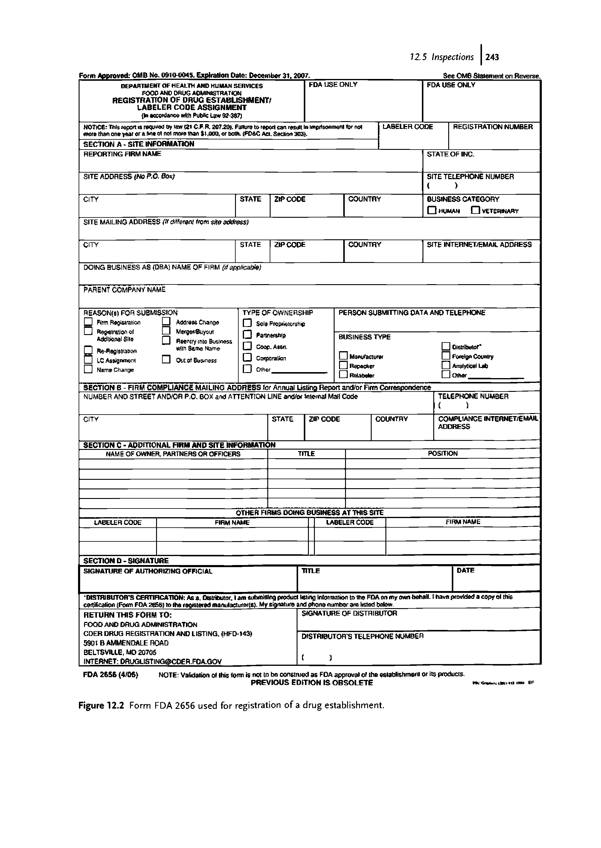 Figure 12.2 Form FDA 2656 used for registration of a drug establishment.