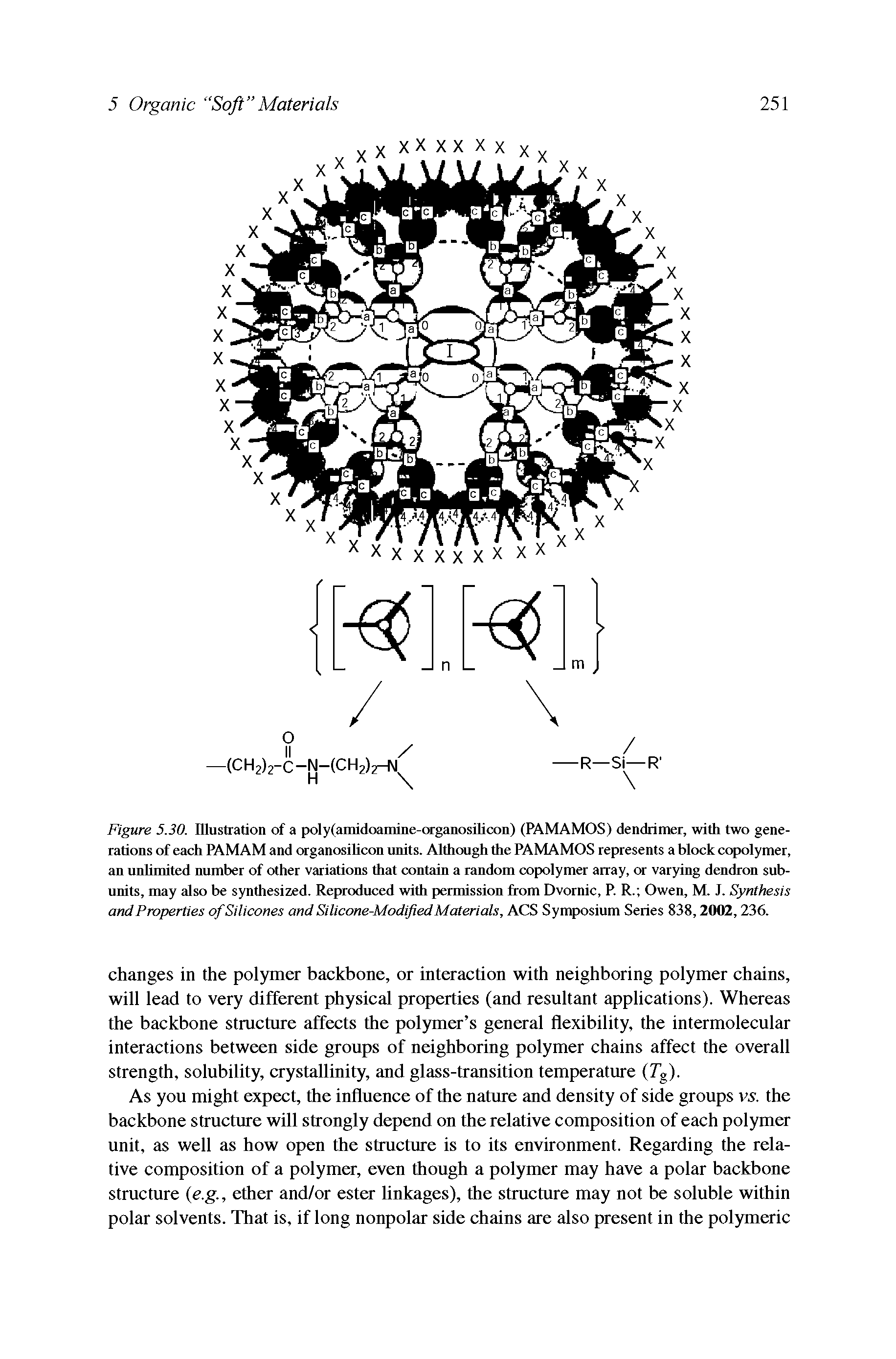 Figure 5.30. Illustration of a poly(amidoamine-organosilicon) (PAMAMOS) dendrimer, with two generations of each PAMAM and organosihcon units. Although the PAMAMOS represents a block copolymer, an unhmited number of other variations that contain a random copolymer array, or varying dendron subunits, may also be synthesized. Reproduced with permission from Dvornic, P. R. Owen, M. J. Synthesis and Properties of Silicones and Silicone-Modified Materials, ACS Symposium Series 838,2002,236.