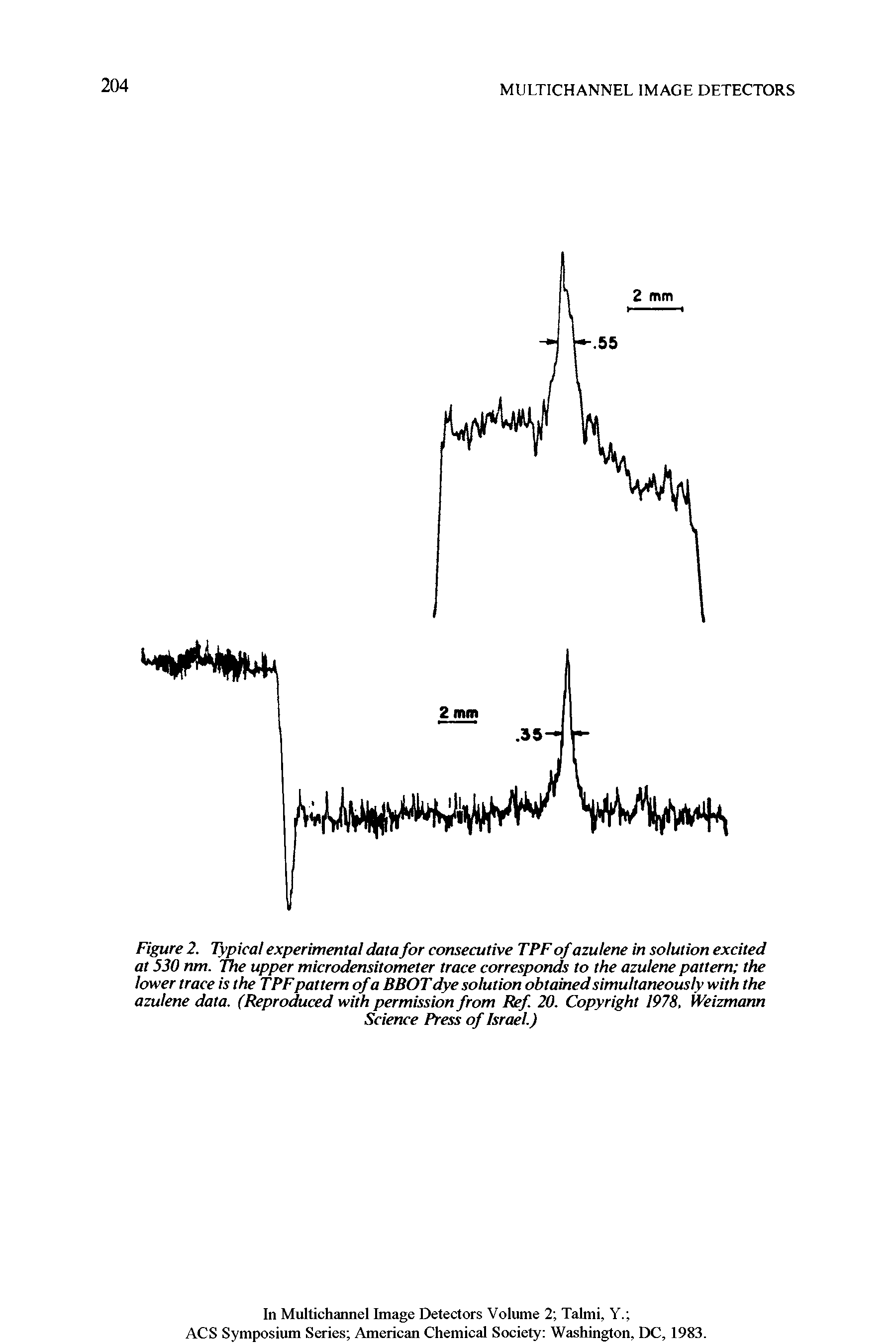 Figure 2. Typical experimental data for consecutive TPFof azulene in solution excited at 530 nm. The upper microdensitometer trace corresponds to the azulene pattern the lower trace is the TPFpattern ofa BBOT dye solution obtained simultaneously with the azulene data. (Reproduced with permission from Ref 20. Copyright 1978, Weizmann...