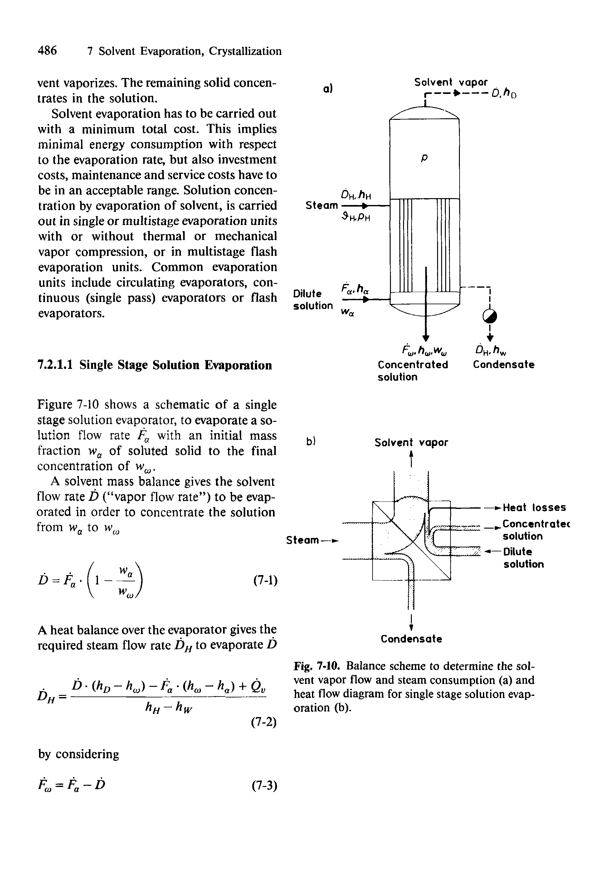 Fig. 7-10. Balance scheme to determine the solvent vapor flow and steam consumption (a) and heat flow diagram for single stage solution evaporation (b).