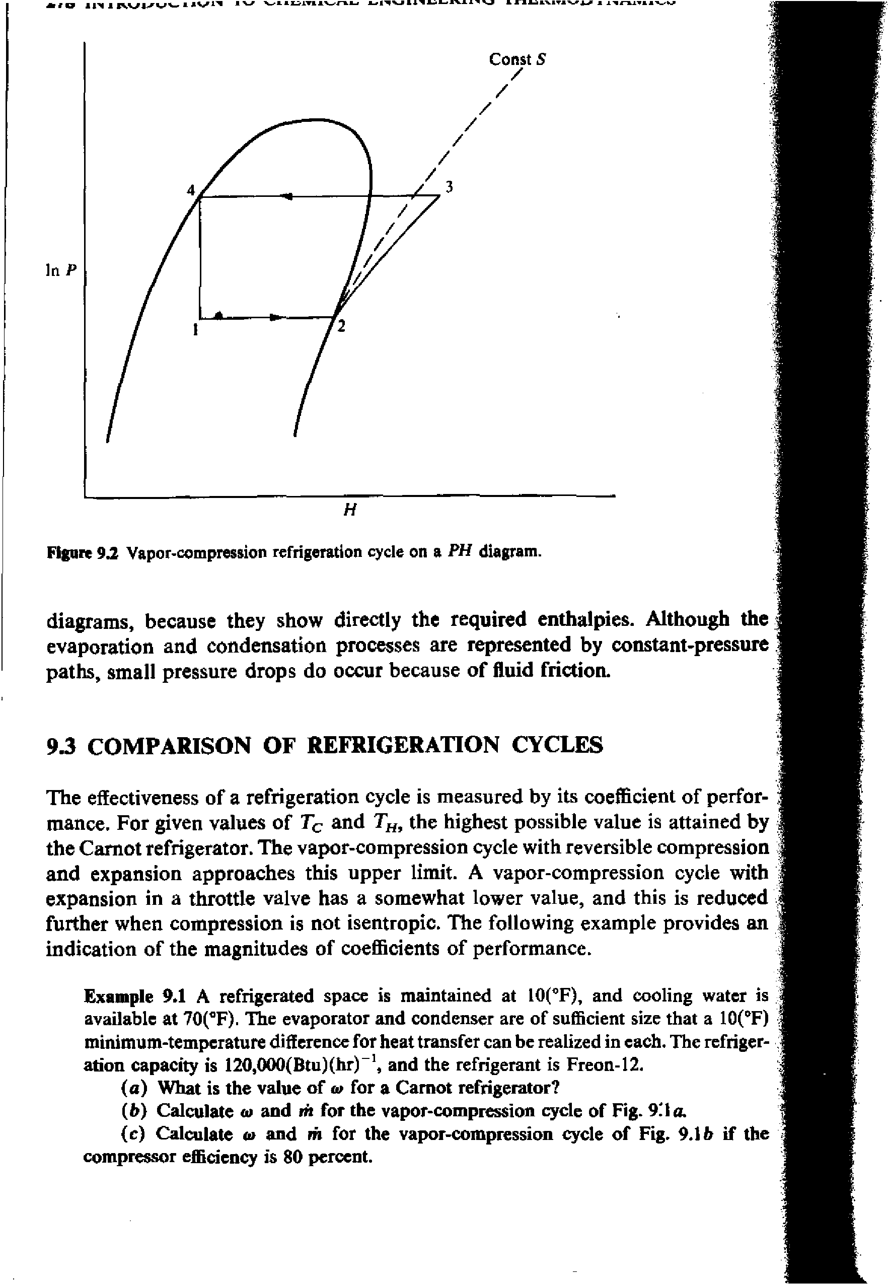 Figure 92 Vapor-compression refrigeration cycle on a PH diagram.