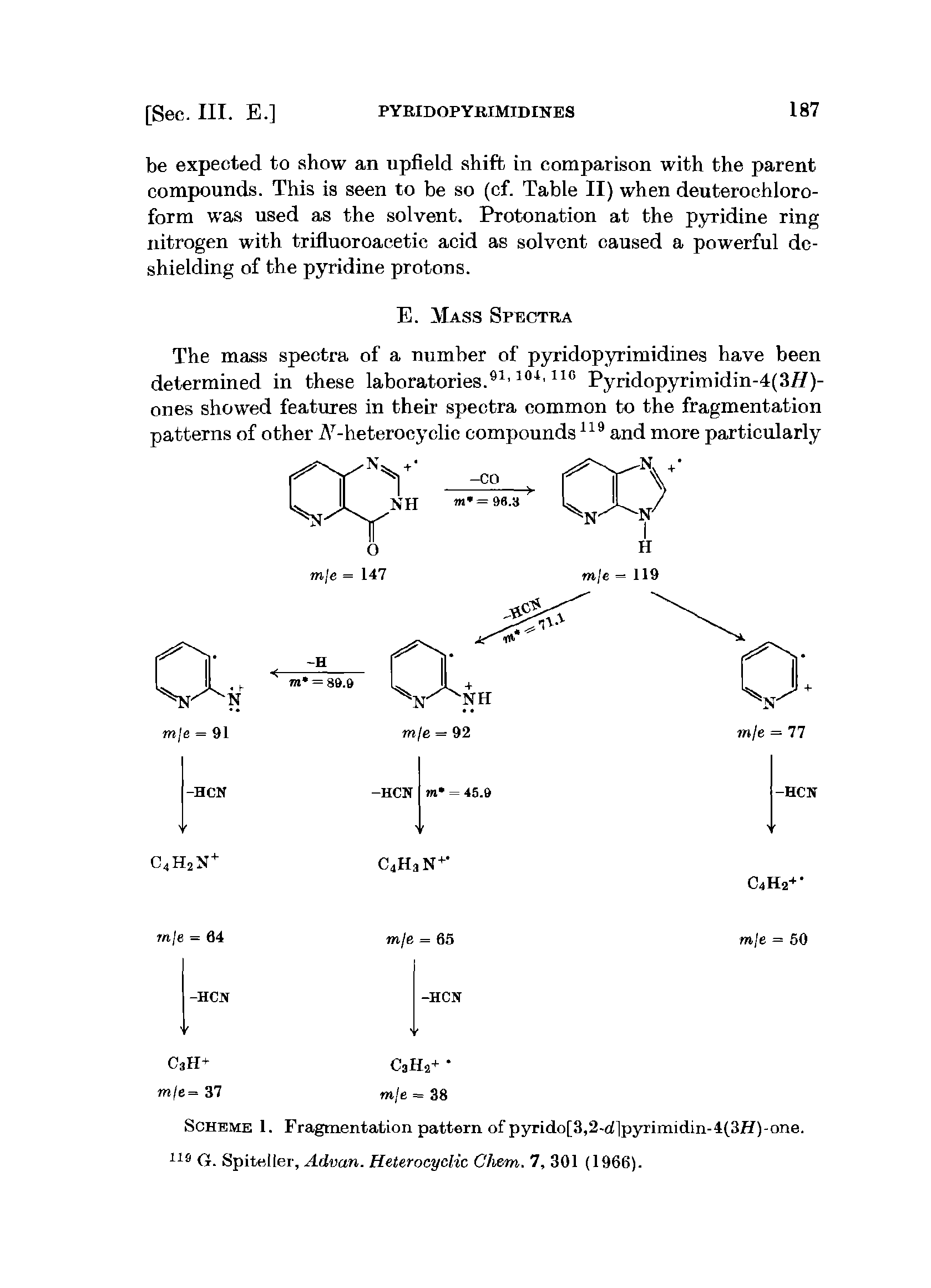 Scheme 1. Fragmentation pattern of pyrido[3,2-c ]pyrimidin-4(3H)-one, (t. Spiteller, Advan. Heterocyclic Chem. 7, 301 (1966).