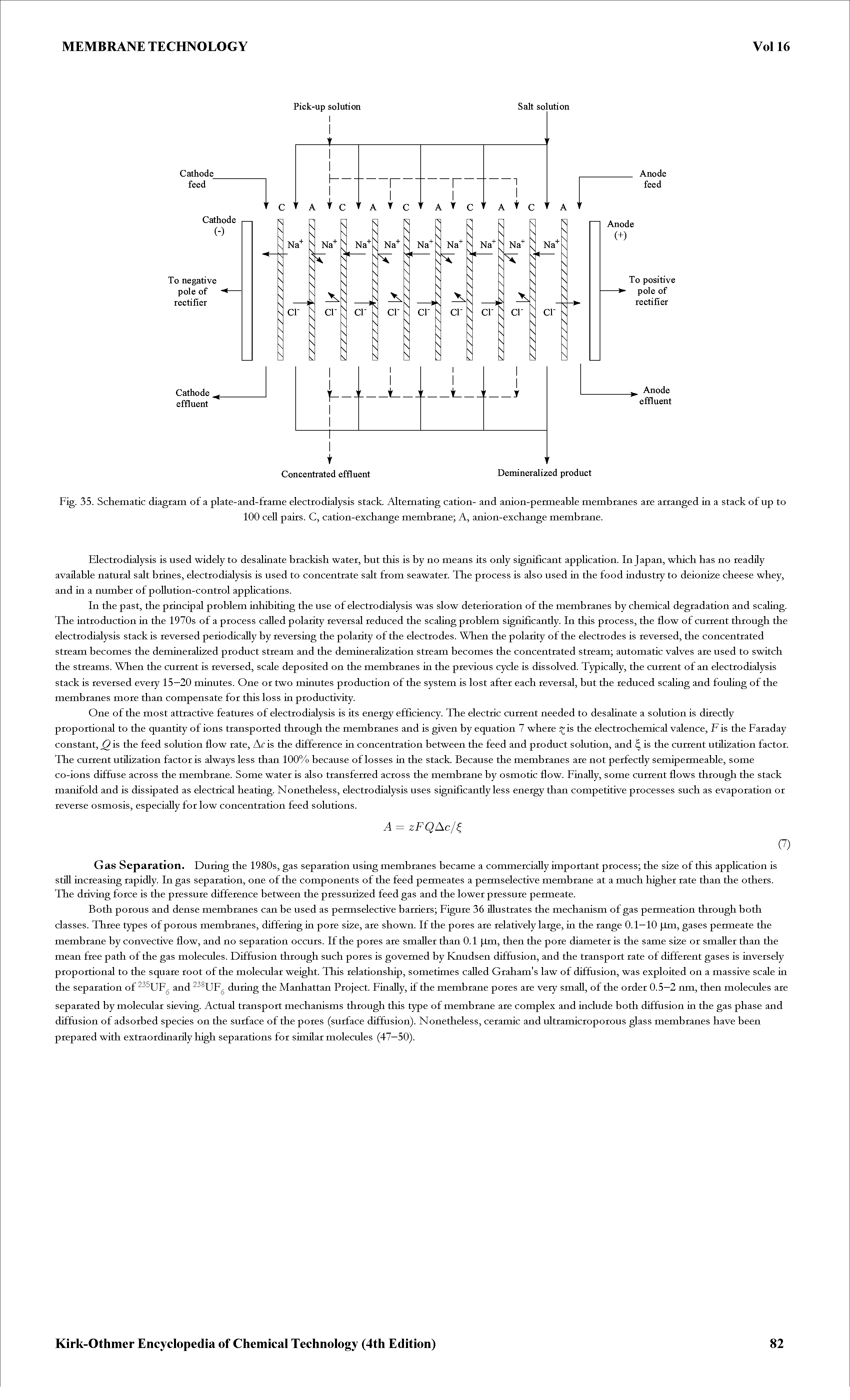 Fig. 35. Schematic diagram of a plate-and-frame electro dialysis stack. Alternating cation- and anion-permeable membranes are arranged in a stack of up to...