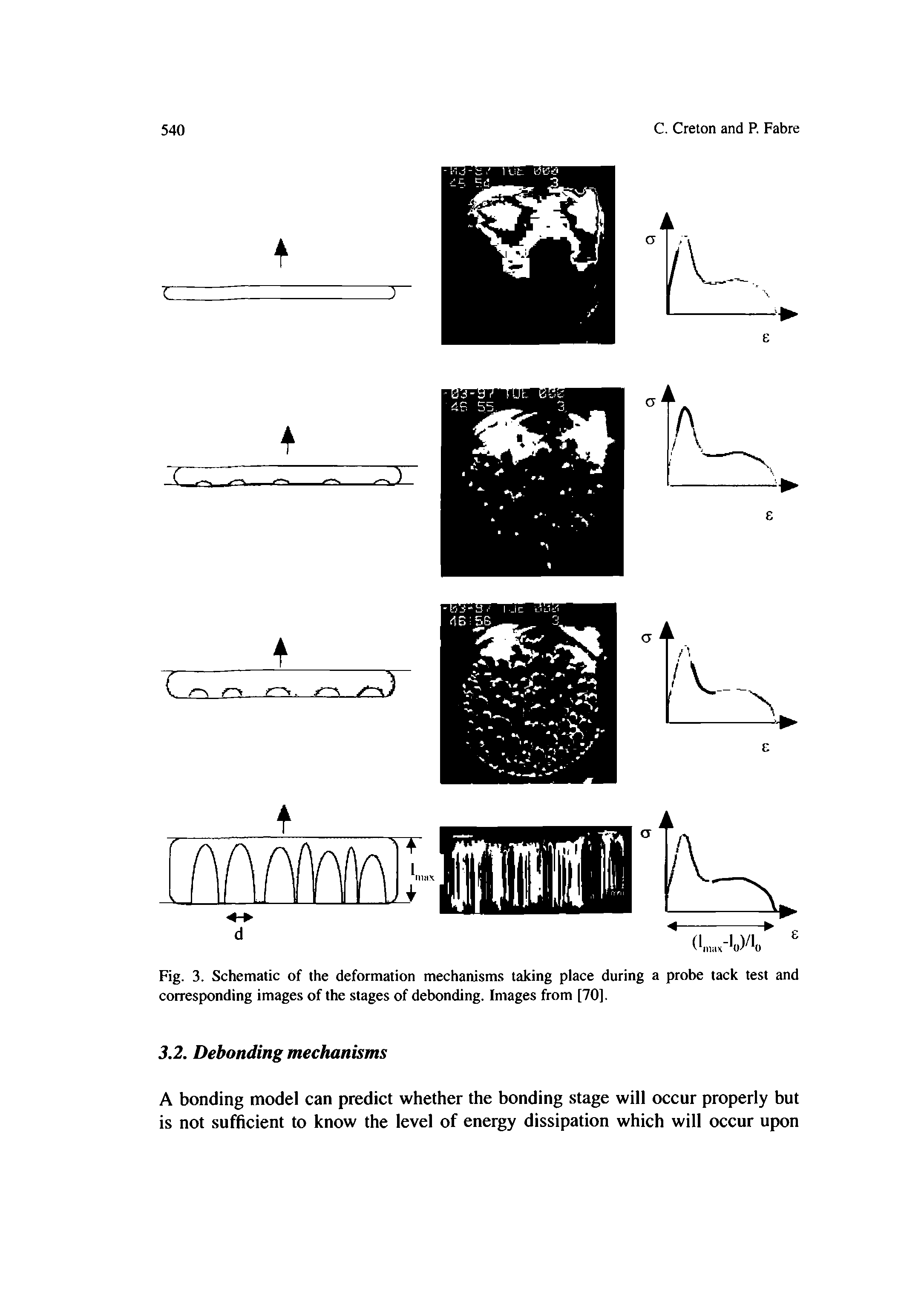 Fig. 3. Schematic of the deformation mechanisms taking place during a probe tack test and corresponding images of the stages of debonding. Images from [70].
