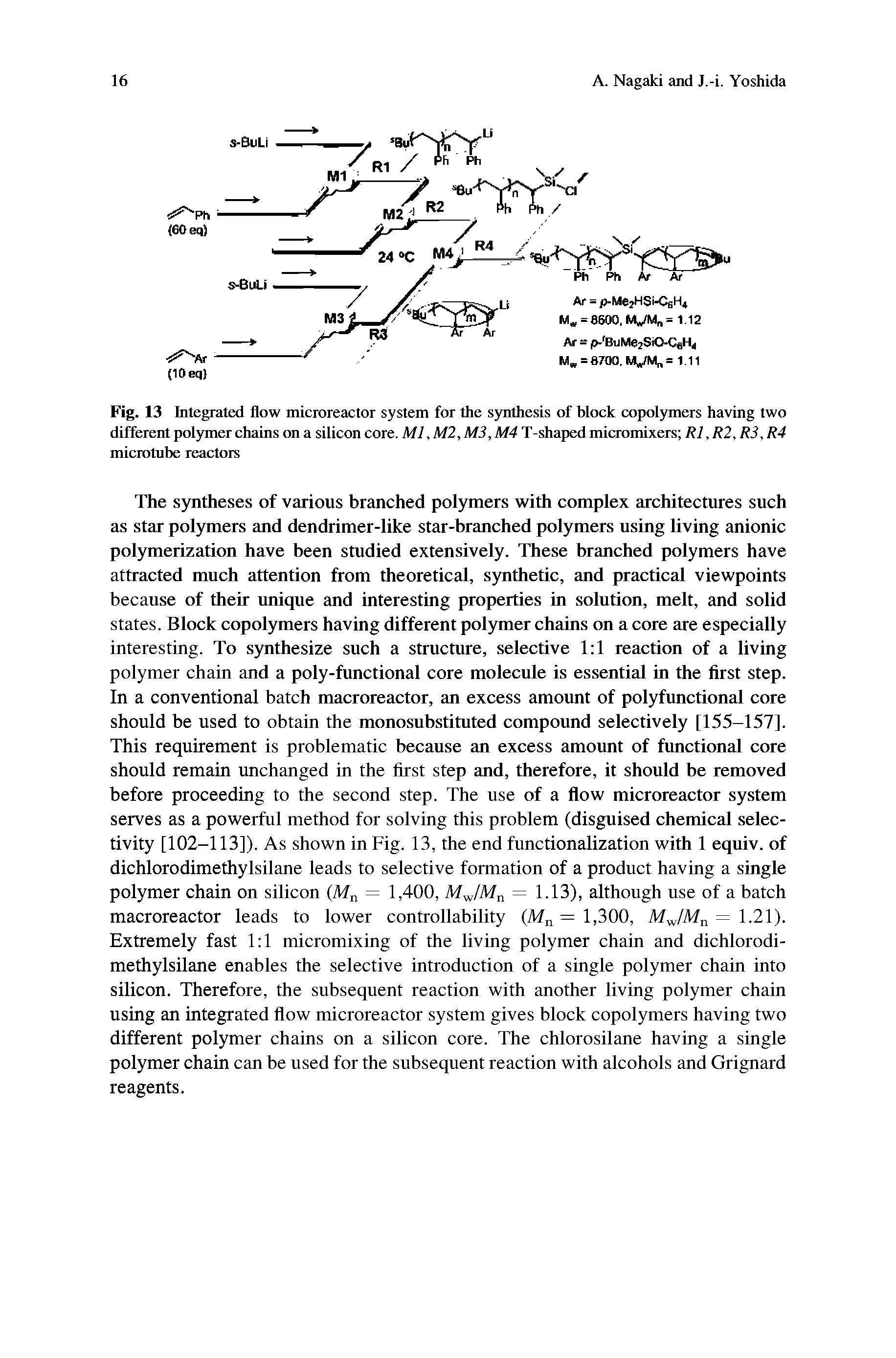 Fig. 13 Integrated flow microreactor system for the synthesis of block copolymers having two different polymer chains on a silicon core. Ml, M2, M3, M4 T-shaped micromixers R1, R2, R3, R4 microtuhe reactors...