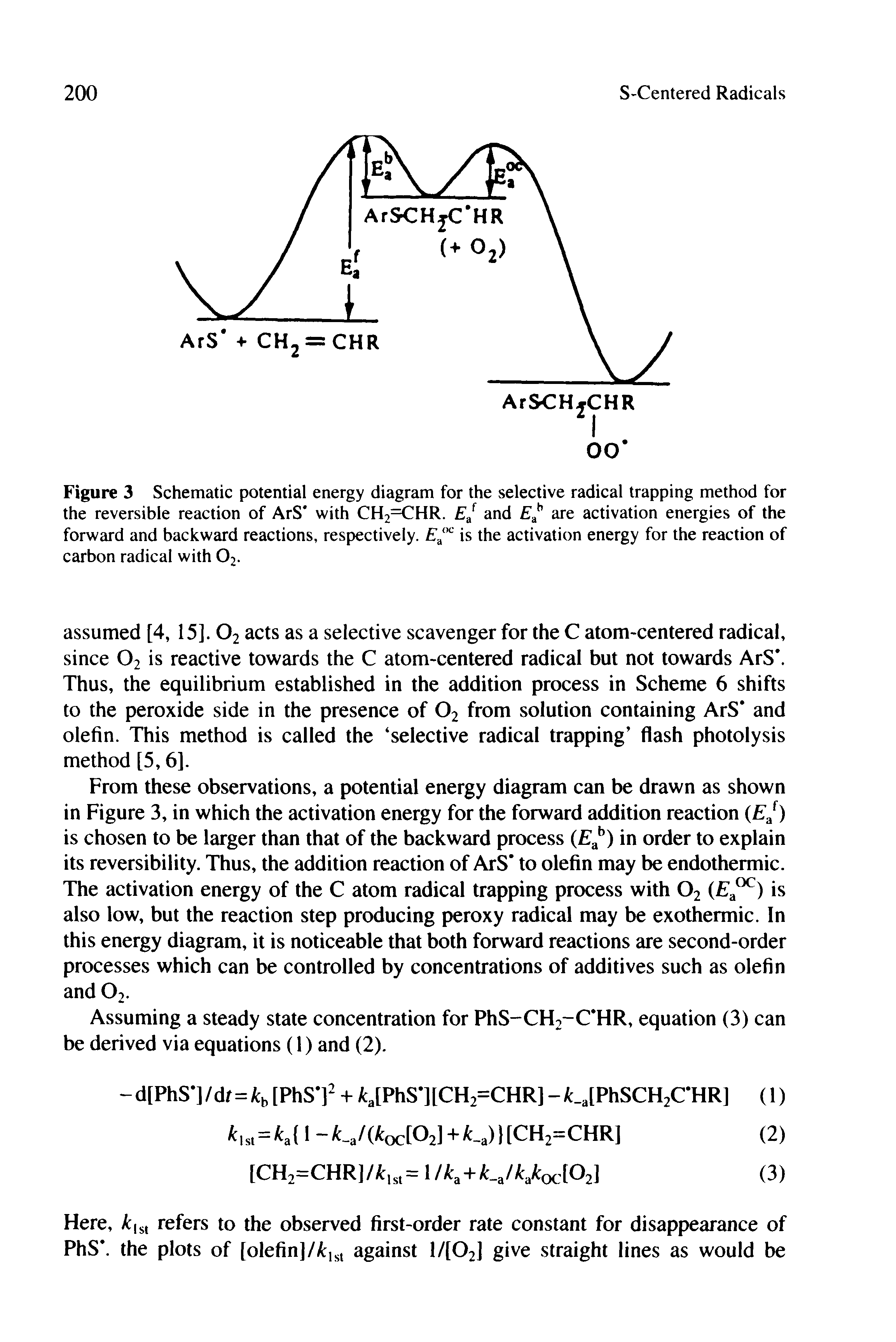 Figure 3 Schematic potential energy diagram for the selective radical trapping method for the reversible reaction of ArS with CH2=CHR. and are activation energies of the forward and backward reactions, respectively. E. is the activation energy for the reaction of carbon radical with O2.