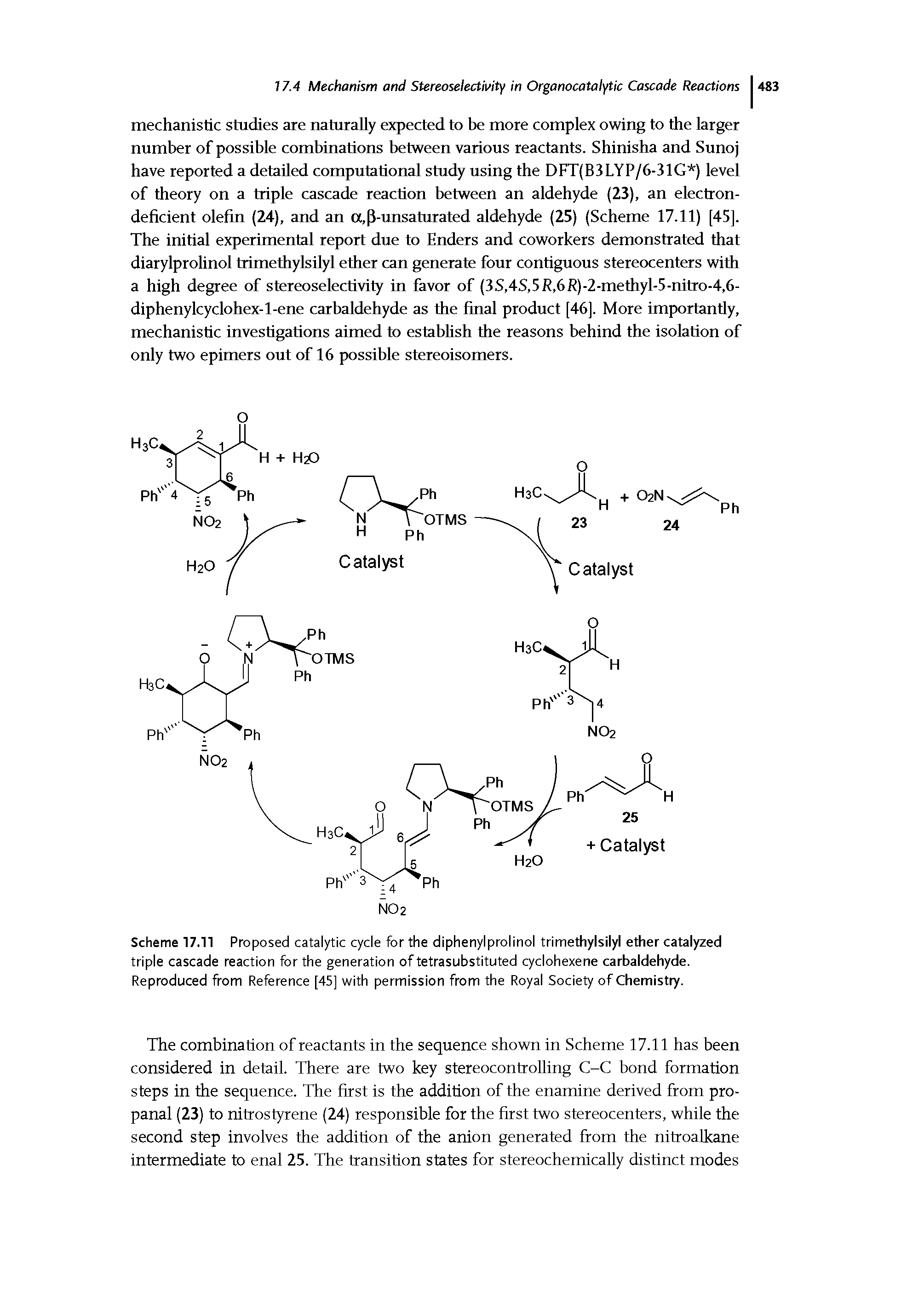 Scheme 17.11 Proposed catalytic cycle for the diphenylprolinol trimethylsilyl ether catalyzed triple cascade reaction for the generation of tetrasubstituted cyclohexene carbaldehyde. Reproduced from Reference [45] with permission from the Royal Society of Chemistry.
