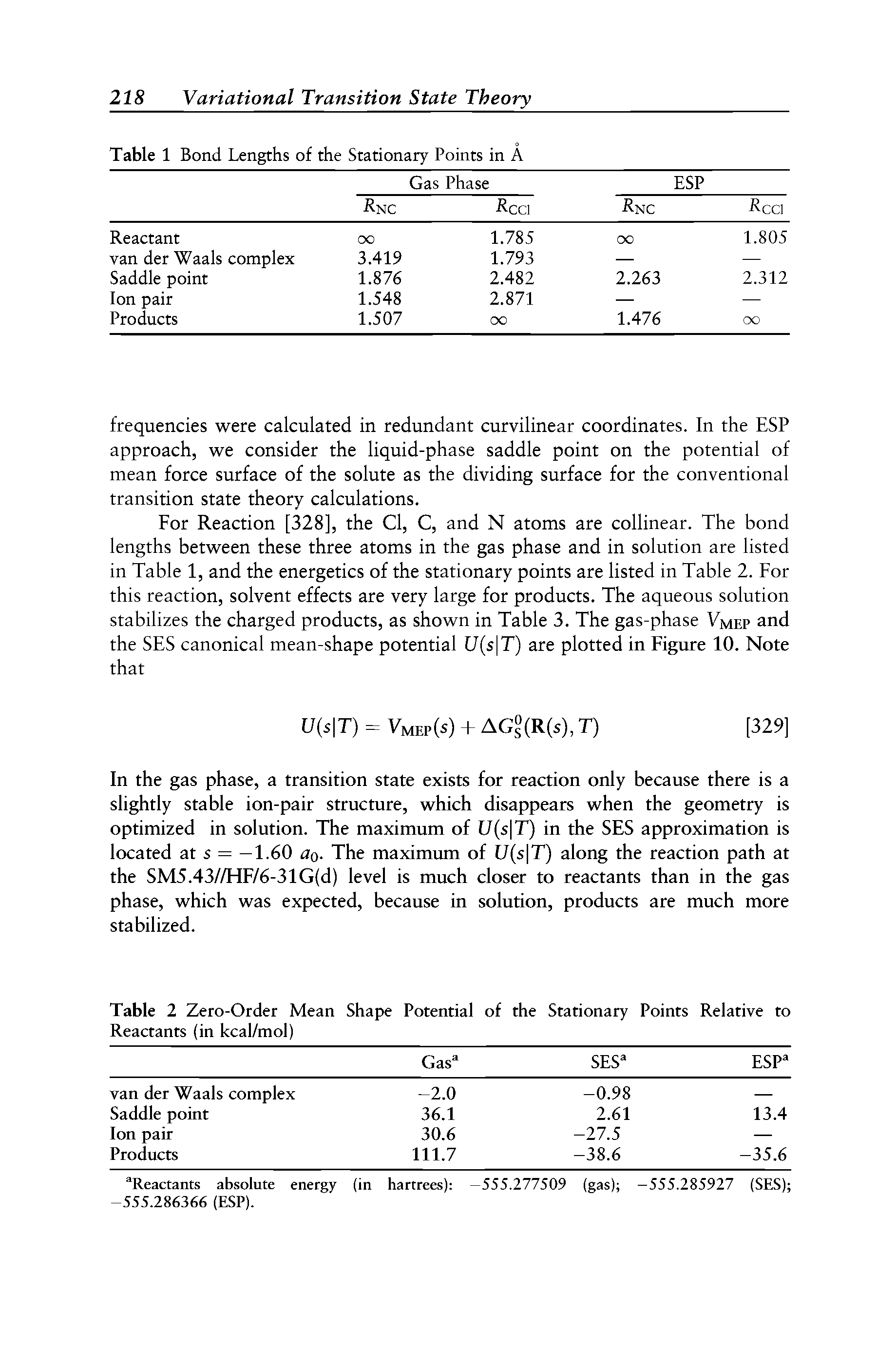 Table 2 Zero-Order Mean Shape Potential of the Stationary Points Relative to Reactants (in kcal/mol)...