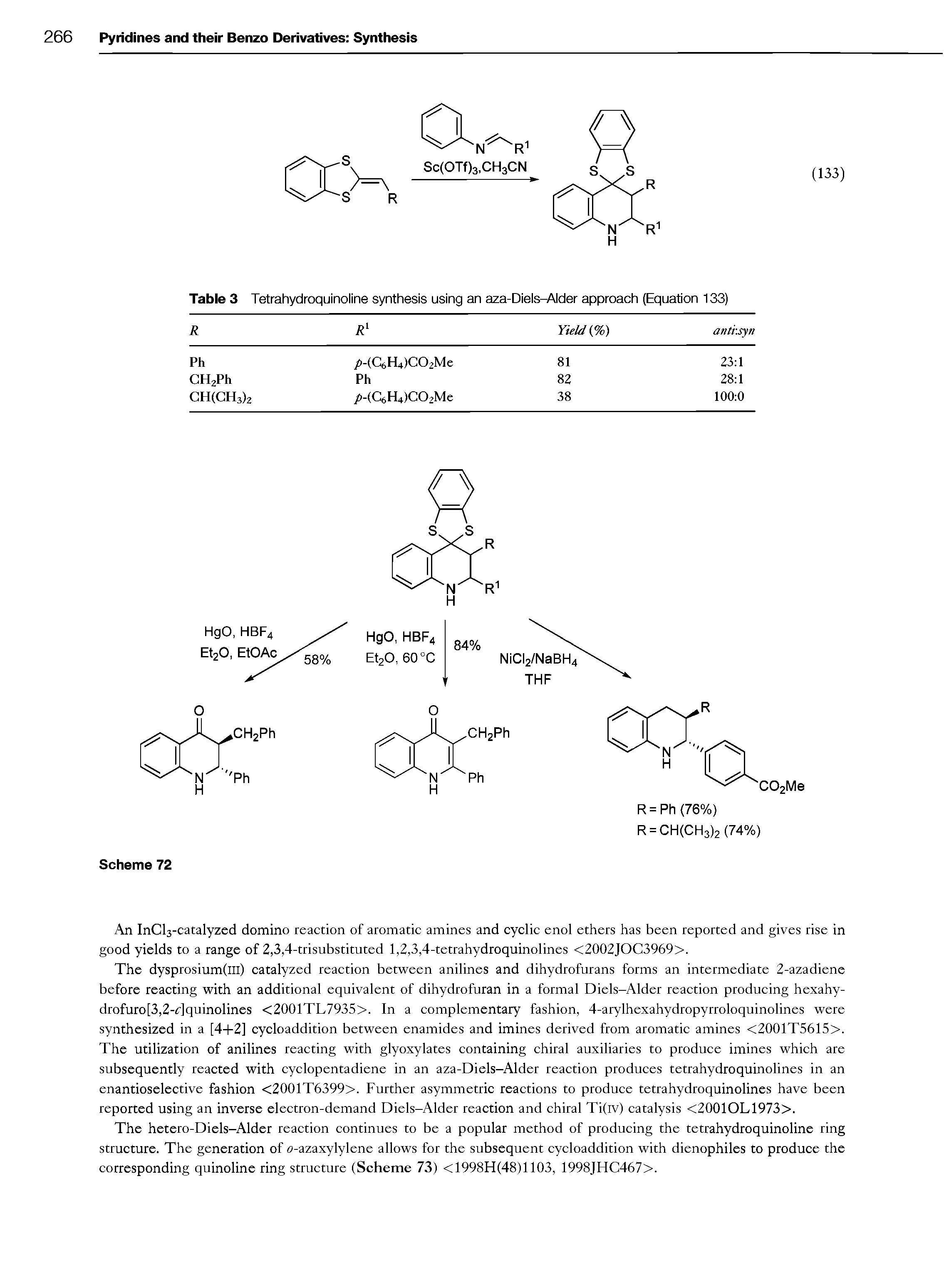 Table 3 Tetrahydroquinoline synthesis using an aza-Diels-Alder approach (Equation 133)...