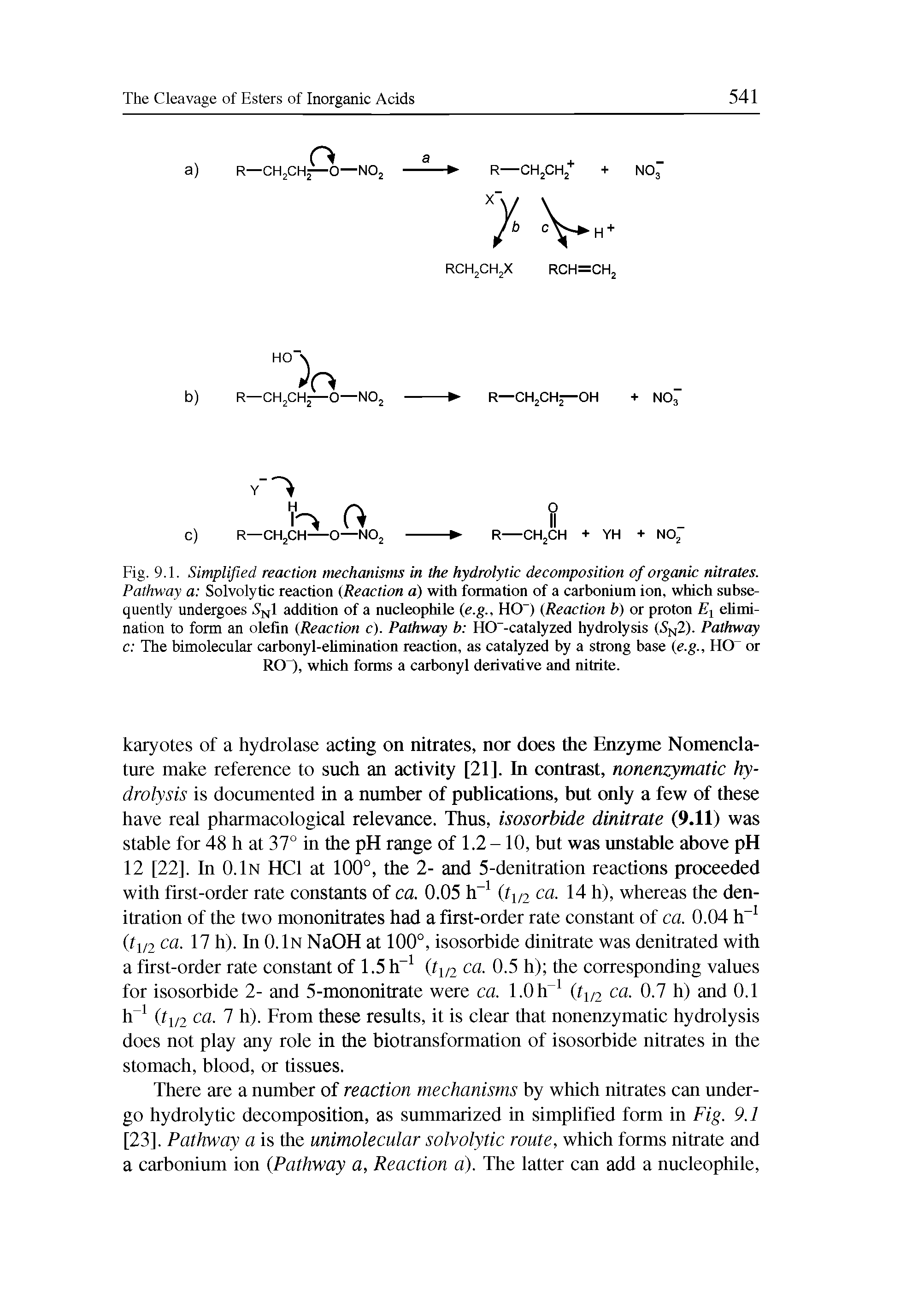 Fig. 9.1. Simplified reaction mechanisms in the hydrolytic decomposition of organic nitrates. Pathway a Solvolytic reaction (Reaction a) with formation of a carbonium ion, which subsequently undergoes SN1 addition of a nucleophile (e.g., HO ) (Reaction b) or proton E1 elimination to form an olefin (Reaction c). Pathway b HO -catalyzed hydrolysis (,SN2). Pathway c The bimolecular carbonyl-elimination reaction, as catalyzed by a strong base (e.g., HO or RO ), which forms a carbonyl derivative and nitrite.