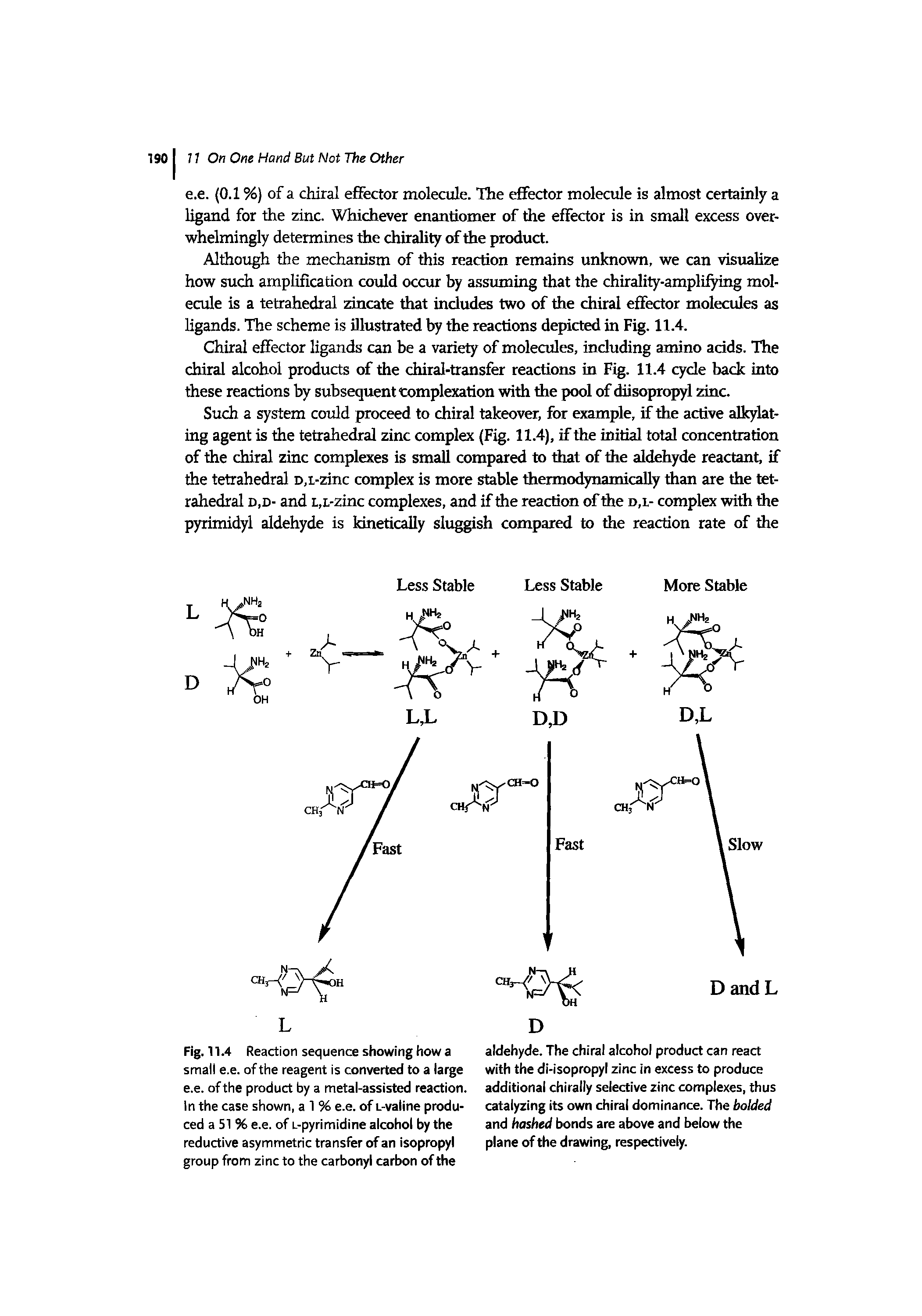 Fig. U.4 Reaction sequence showing how a small e.e. of the reagent is converted to a large e.e. of the product by a metal-assisted reaction. In the case shown, a 1 % e.e. of L-valine produced a 51 % e.e. of L-pyrimidine alcohol by the reductive asymmetric transfer of an isopropyl group from zinc to the carbonyl carbon of the...