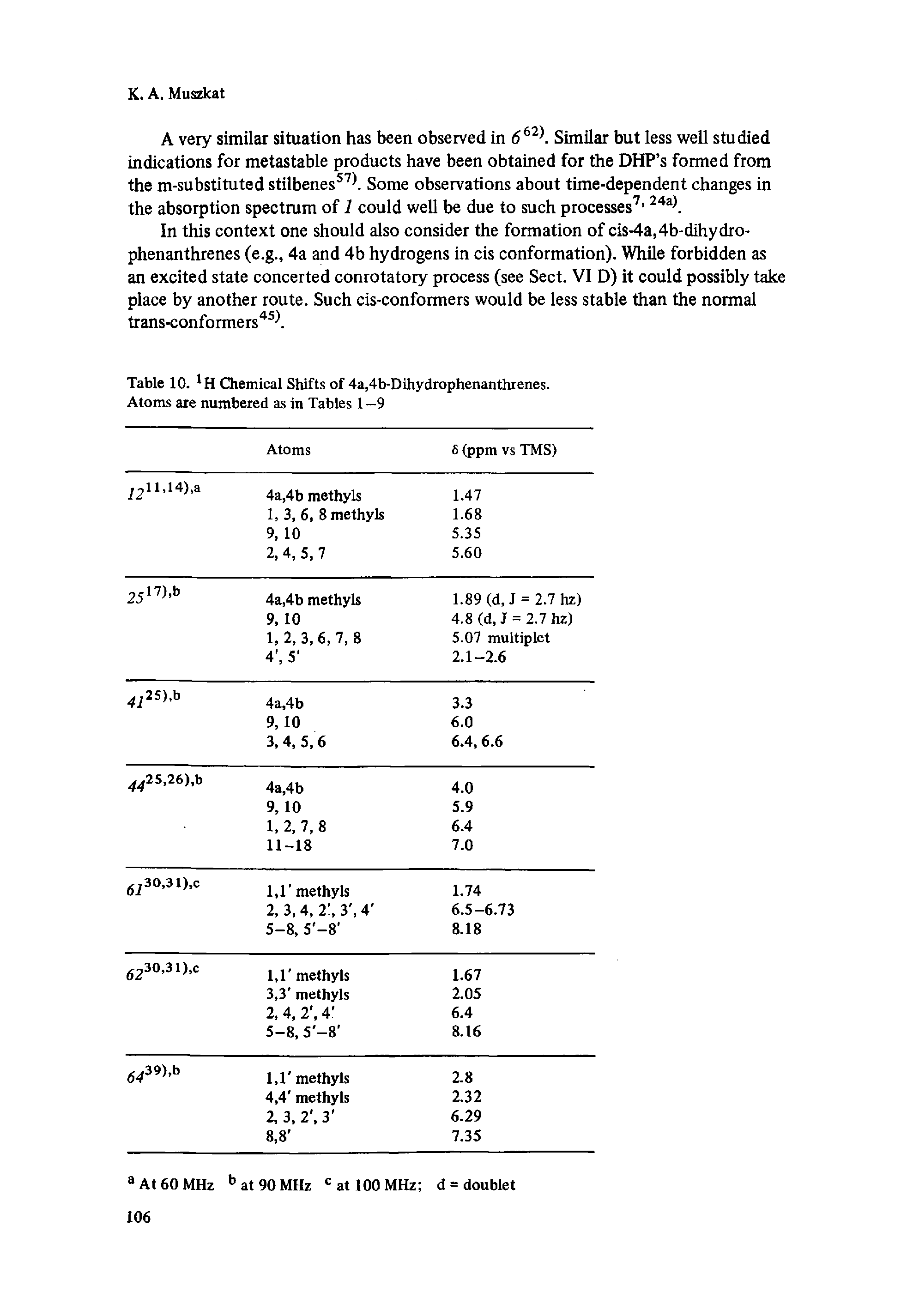 Table 10. Chemical Shifts of 4a,4b-Dihydrophenanthrenes. Atoms are numbered as in Tables 1 —9...