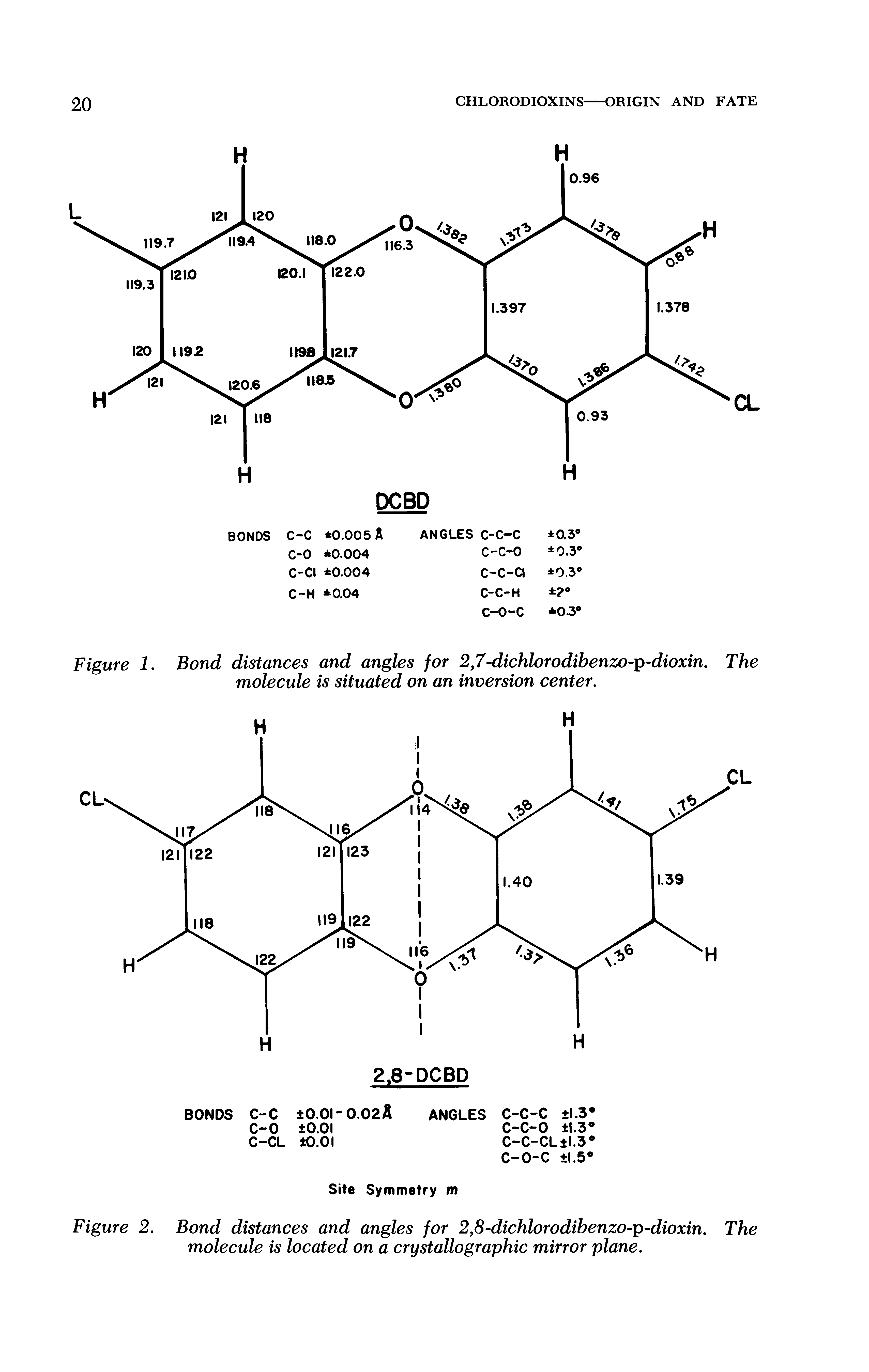 Figure 2. Bond distances and angles for 2,8-dichlorodihenzo- -dioxin. The molecule is located on a crystallographic mirror plane.