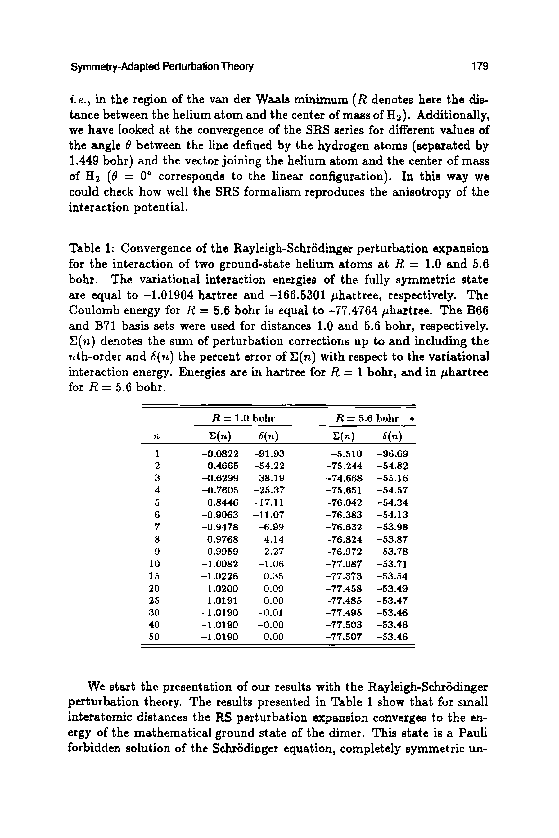 Table 1 Convergence of the Rayleigh-Schrodinger perturbation expansion for the interaction of two ground-state helium atoms at R = 1.0 and 5.6 bohr. The variational interaction energies of the fully symmetric state are equal to -1.01904 hartree and -166.5301 hartree, respectively. The Coulomb energy for R = 5.6 bohr is equal to -77.4764 /ihartree. The B66 and B71 basis sets were used for distances 1.0 and 5.6 bohr, respectively. E(n) denotes the sum of perturbation corrections up to and including the nth-order and S(n) the percent error of E(n) with respect to the variational interaction energy. Energies are in hartree for R = 1 bohr, and in /ihartree for R = 5.6 bohr.