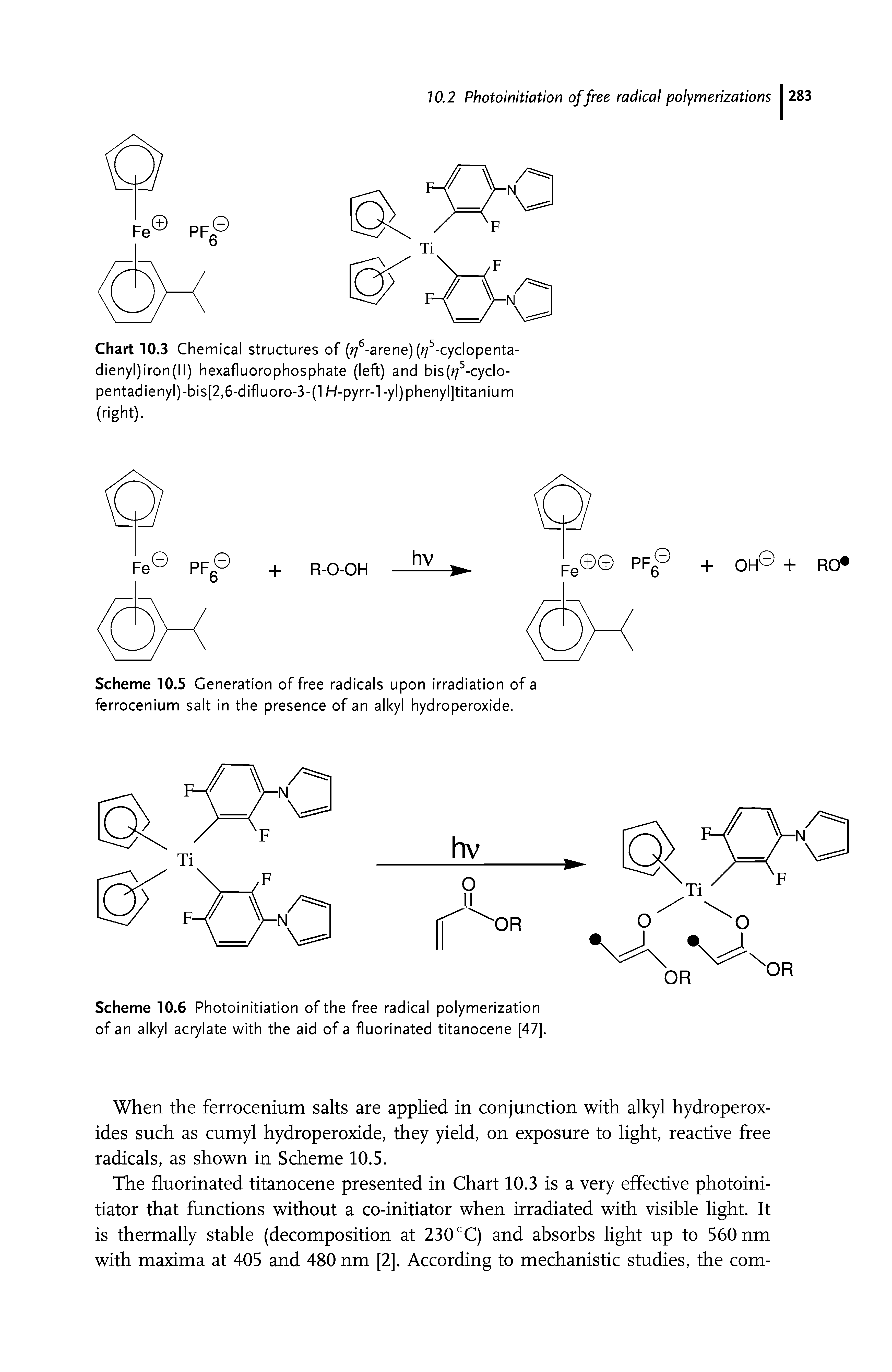 Scheme 10.6 Photoinitiation of the free radical polymerization of an alkyl acrylate with the aid of a fluorinated titanocene [47].