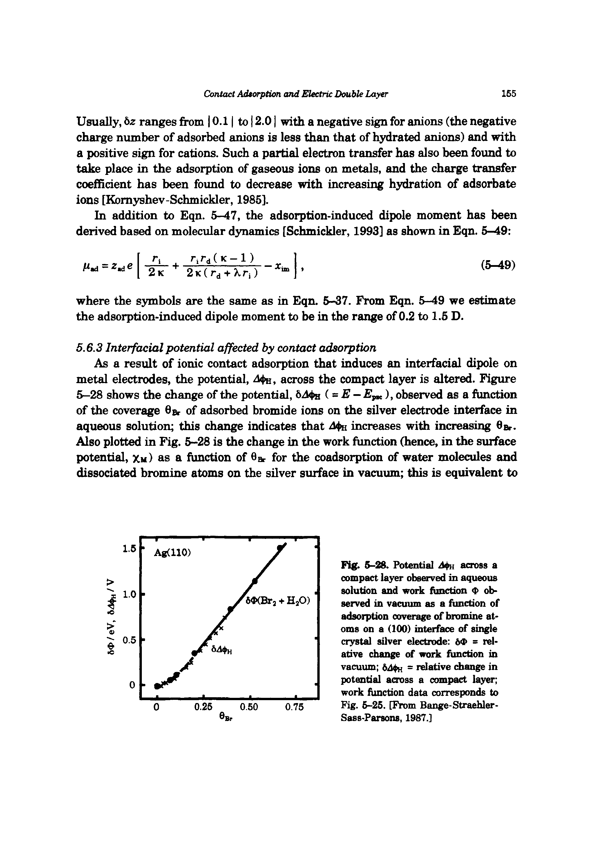 Fig. 5-28. Potential Mu across a compact layer observed in aqueous solution and work fimction 4> observed in vacuiun as a fimction of adsorption coverage of bromine atoms on a (100) interface of single crystal silver electrode 64> = relative change of work fimction in vacuiun 64 = relative change in potential across a compact layer work fimction data corresponds to Fig. 6-25. [From Bange-Straehler-Sass-Parsons, 1987.]...