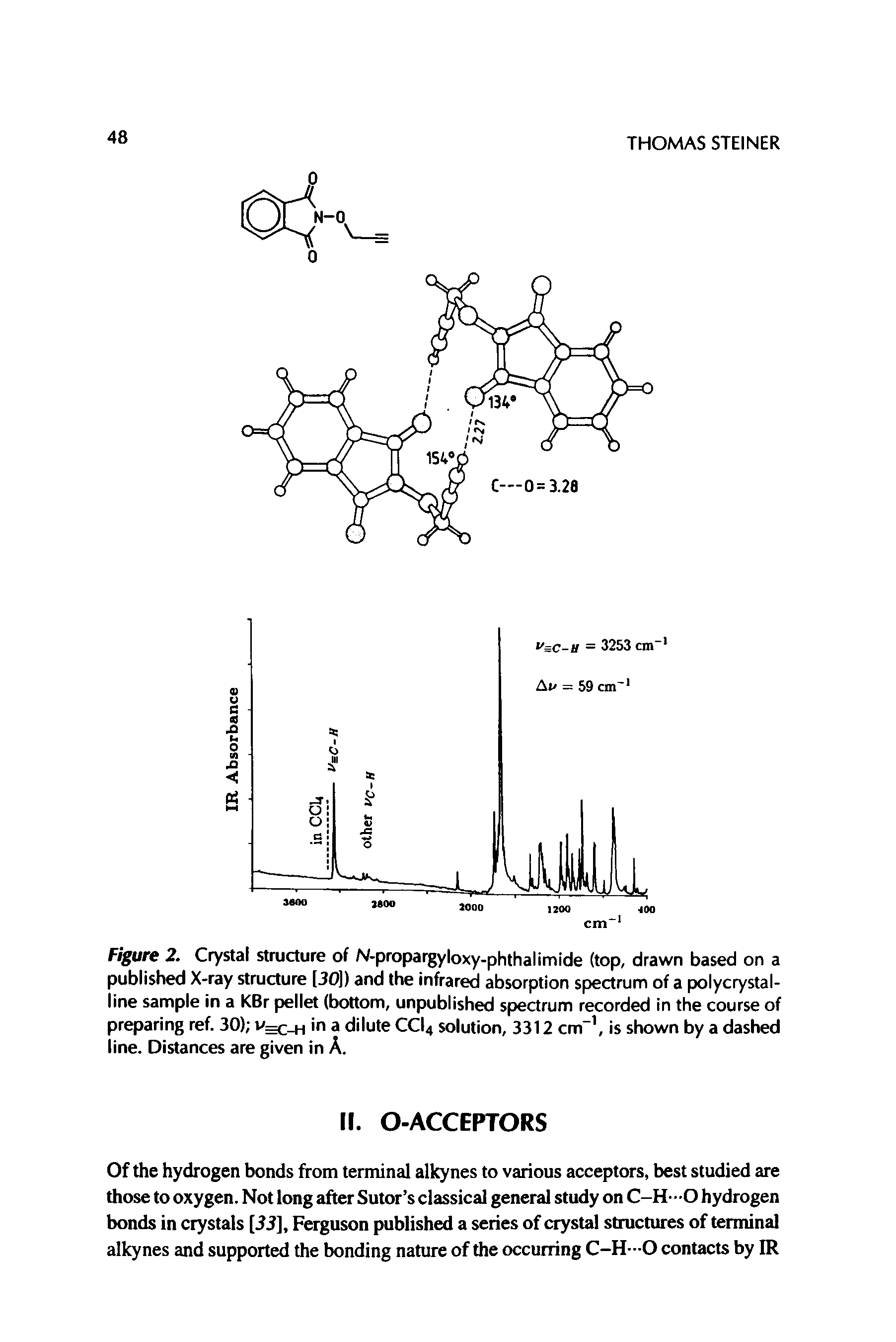 Figure 2. Crystal structure of N-propargyloxy-phthalimide (top, drawn based on a published X-ray structure [30]) and the infrared absorption spectrum of a polycrystalline sample in a KBr pellet (bottom, unpublished spectrum recorded in the course of preparing ref. 30) v h in a dilute CCI4 solution, 3312 cm , is shown by a dashed line. Distances are given in A.