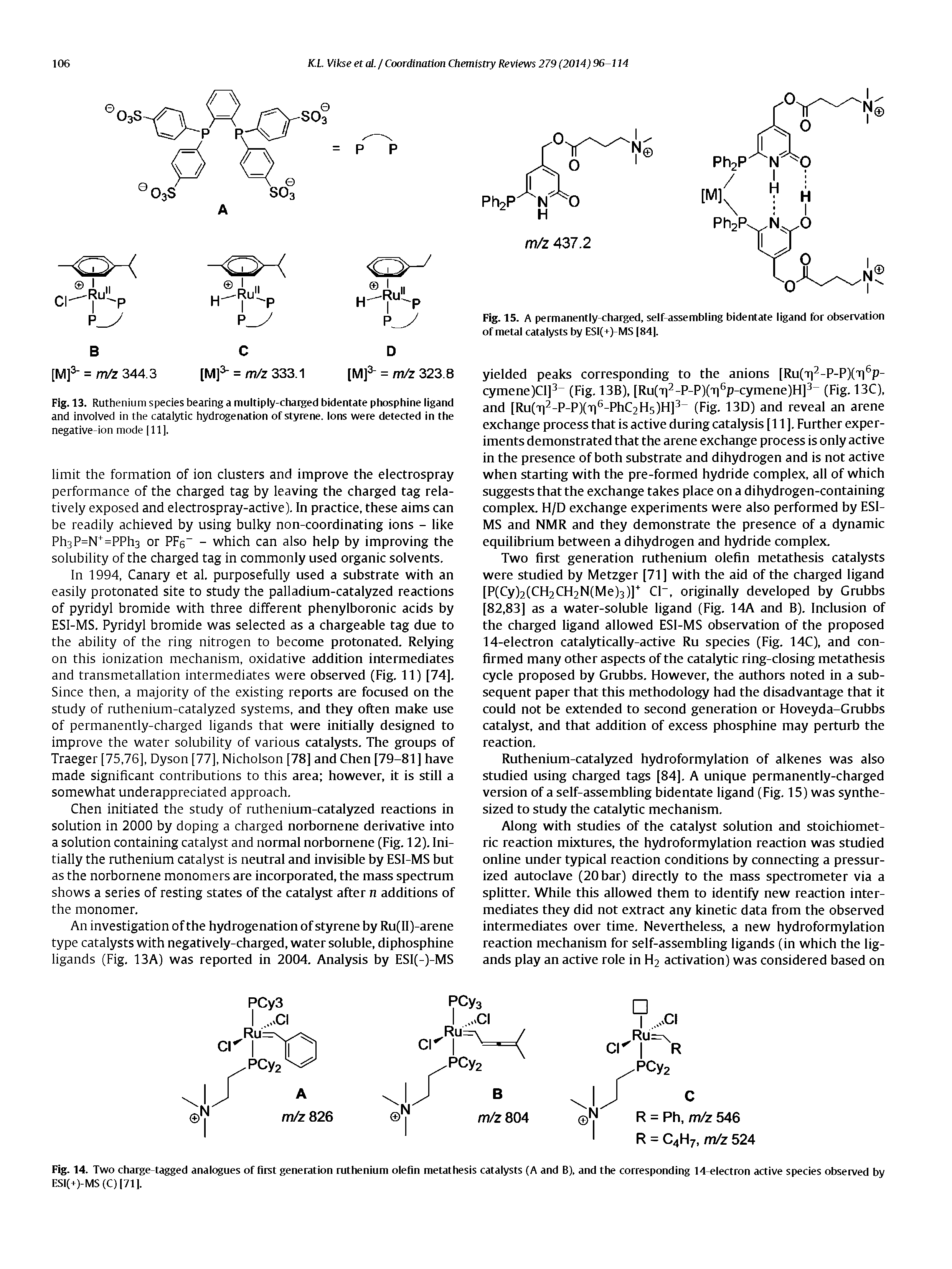 Fig. 14. Two cbarge-tagged analogues of first generation ruthenium olefin metathesis catalysts (A and B). and the corresponding 14-electron active species observed by ESI(+)-MS (C) 71. ...