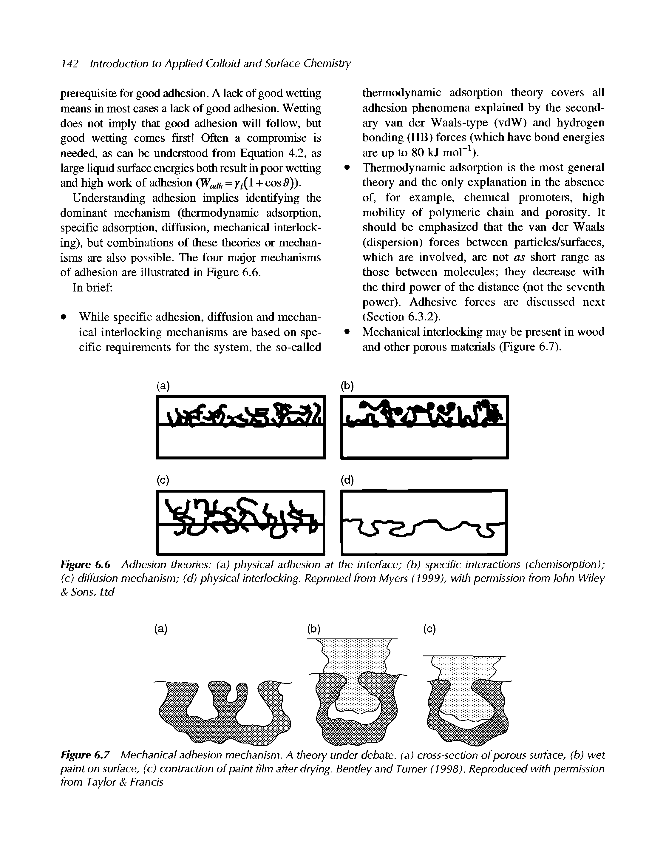 Figure 6.6 Adhesion theories (a) physical adhesion at the interface (b) specific interactions (chemisorption) (c) diffusion mechanism (d) physical interlocking. Reprinted from Myers (1999), with permission from John Wiley Sons, Ltd...